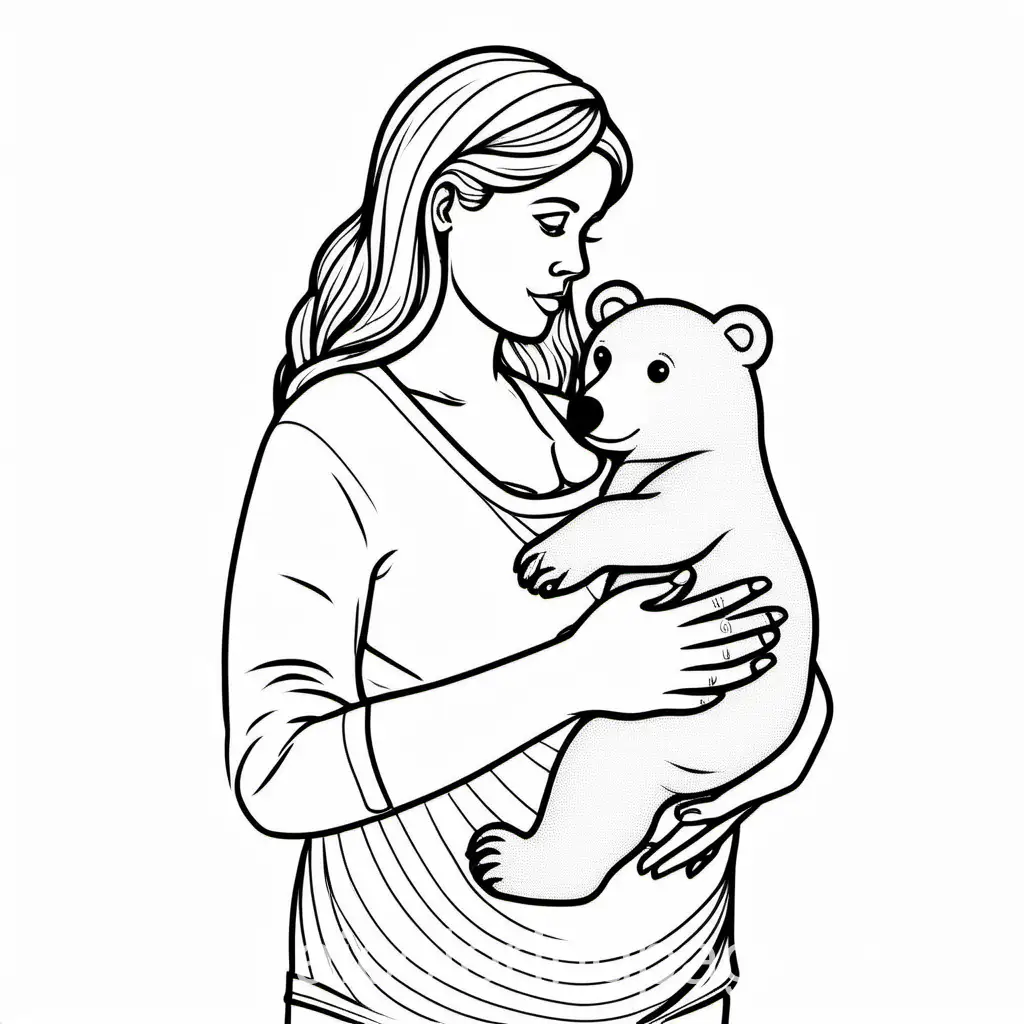 pregnant woman holding a bear cub, Coloring Page, black and white, line art, white background, Simplicity, Ample White Space. The background of the coloring page is plain white to make it easy for young children to color within the lines. The outlines of all the subjects are easy to distinguish, making it simple for kids to color without too much difficulty