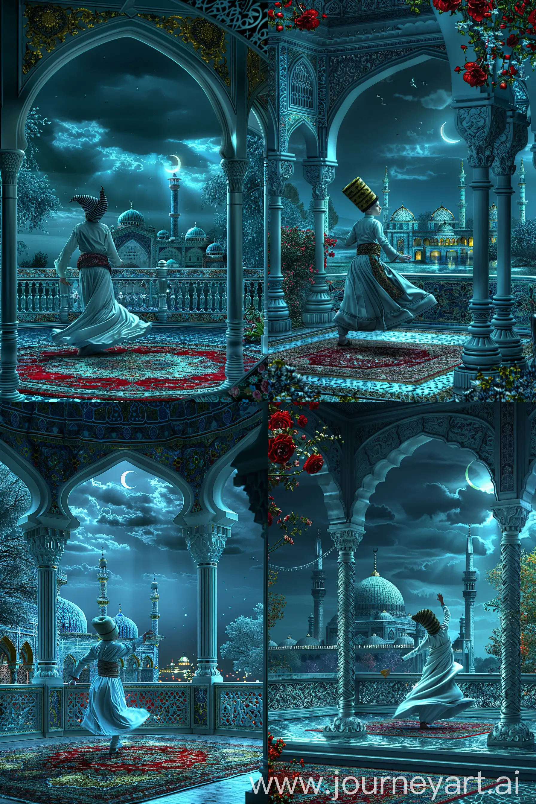 A young British dervish wearing cylindrical fez cap performing sufi whirling sema dance on a persian carpet, inside an octagonal balcony having three arches decorated with persian floral motifs, serene night sky with a crescent, view of Persian tiled mosque, White blue red golden  --v 6 --ar 2:3 --sref  https://cdn.discordapp.com/attachments/1213041174428782623/1246562622023667812/IMG_20240326_220808.png?ex=66602329&is=665ed1a9&hm=9170109863dc2f0af54ab3142373f4e8a90d2bf88e839b7b0cc3564cf0fa90d2& --sw 999 --style raw --q 1 --s 999