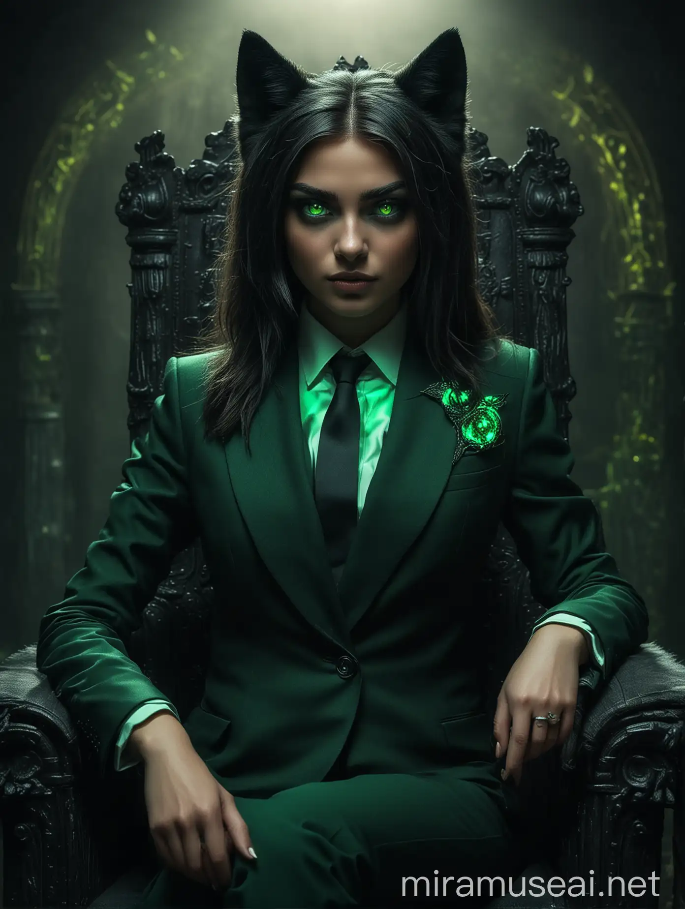 A beautiful woman in suit and green glowing eyes posing on a throne with pride, with a black big green eye wolf beside her, in a dark environment