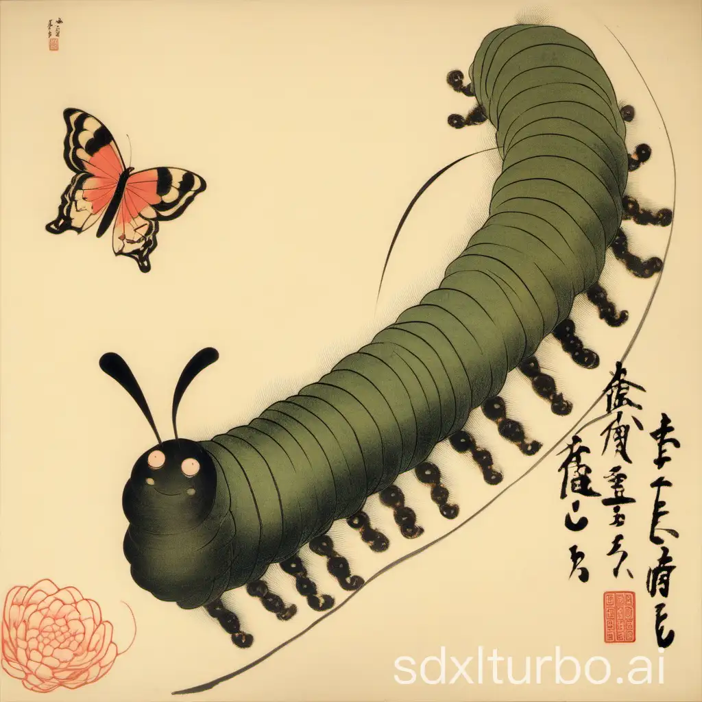 A caterpillar turning into a butterfly in the style of Japanese artist Kanō Eitoku