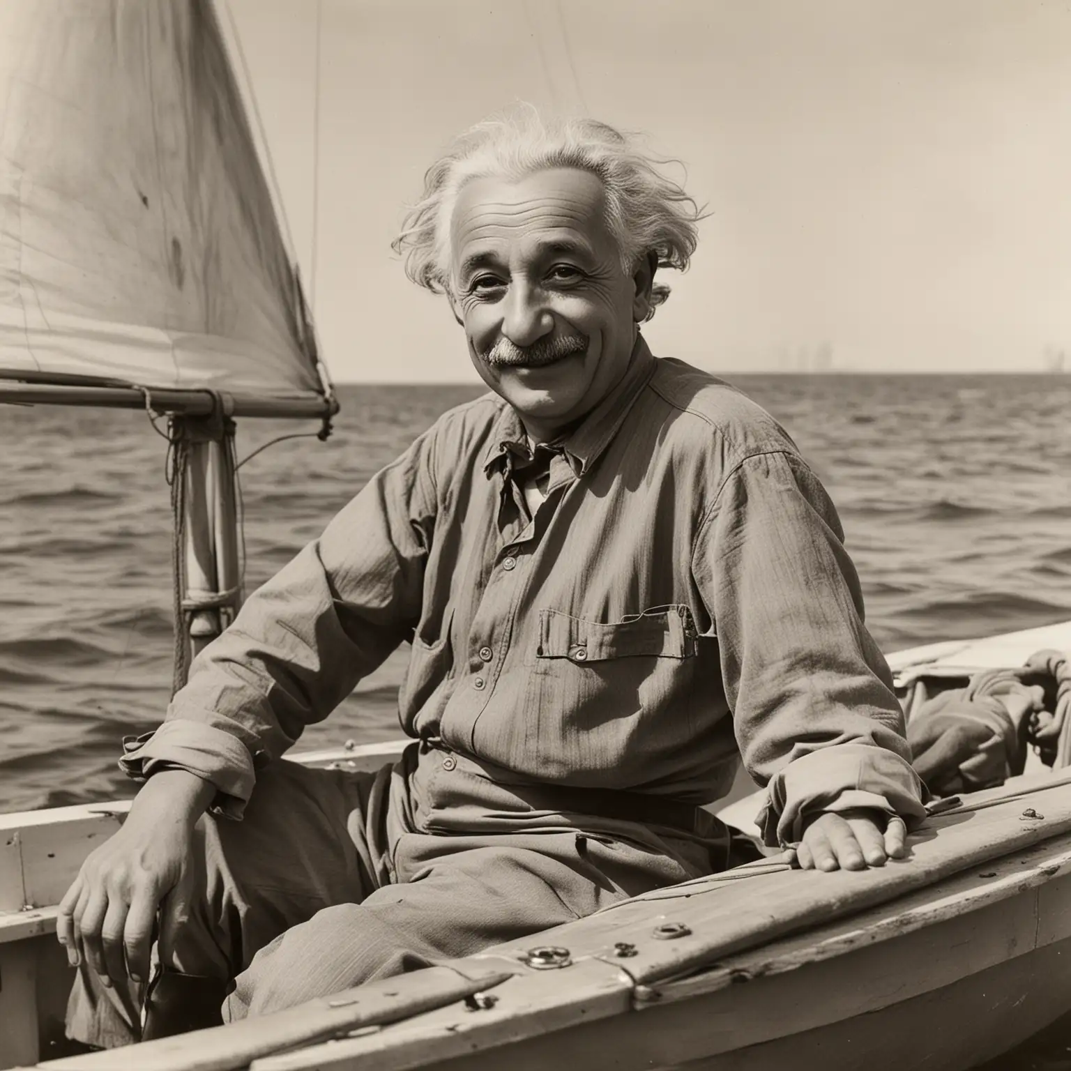Albert Einstein, sailing in his dinghy, smiling