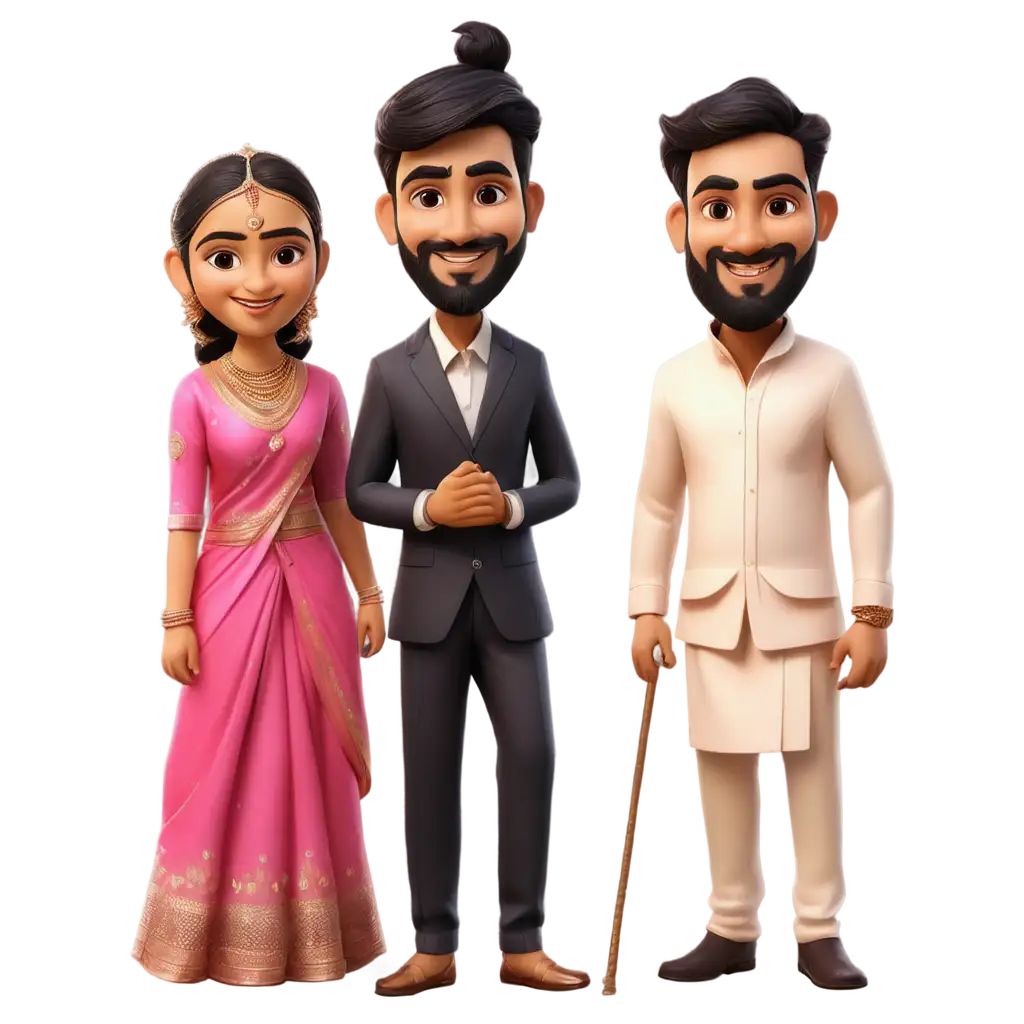 south indian wedding caricature in pinkish outfit of bride in saree and groom in lungi