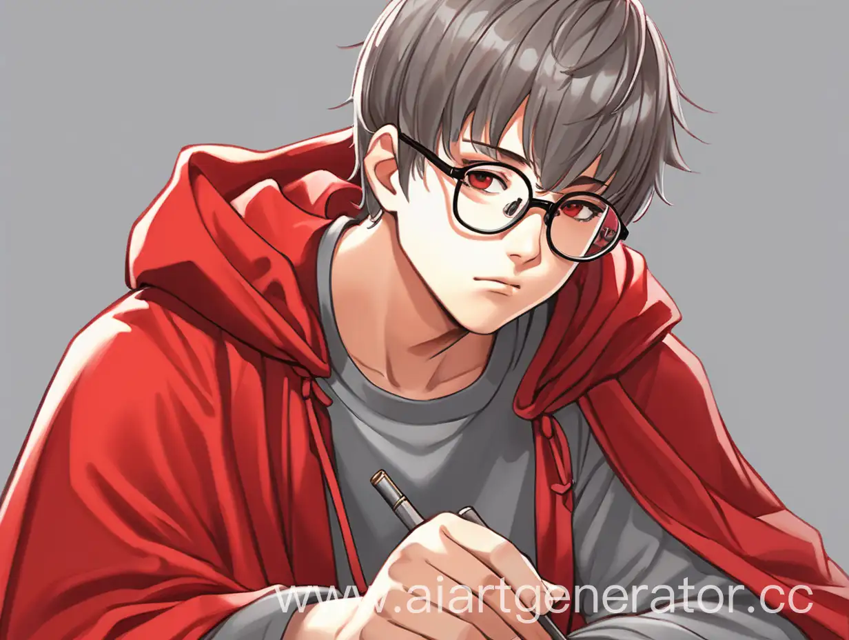 Нарисуй парня в стиле аниме в очках, серой футболке, и яркой красной мантии задумчиво сидит и куда то смотрит