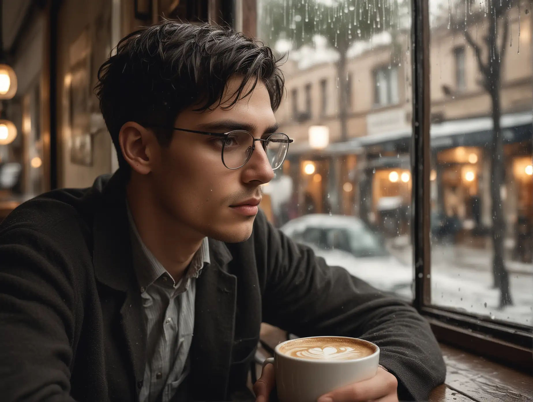 A young man with black buzz haircut, wears clear glasses, sits serenely in a cozy cafe, cradling a steaming cup of coffee latte. His eyes gaze thoughtfully out of the window, where raindrops cascade down the glass, creating a mesmerizing backdrop. The soft, diffused light of the cafe illuminates his features, casting gentle shadows that accentuate his contemplative expression. The atmosphere is one of quiet introspection, captured in the iconic style of Annie Leibovitz, where every detail tells a story and evokes emotion.