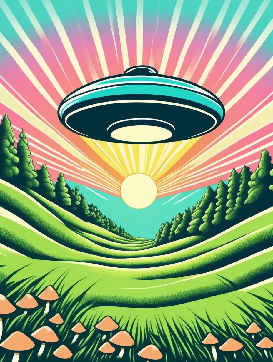 illustration of a flying saucer flying above a valley and focusing a beam of light down on a grassy knoll creating a patch of mushrooms on the grass, in the style of Pop Art, subtle color contrasts, pastel colors