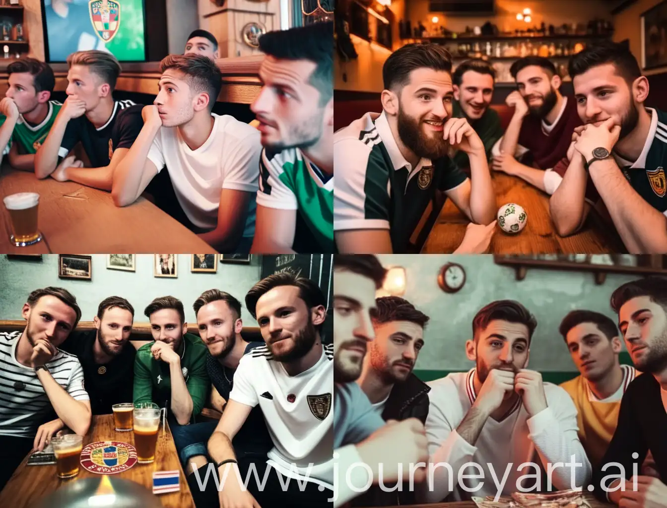 A high angle medium shot of 5 well-dressed young men aged 19-21 sitting in a pub, wearing Germany jerseys, watching a Euro Cup match. On the table in front of them are numerous banknotes. On the far left, Gelukas, with a brown beard and thinning hair, has a snus under his upper lip, and in front of him are his car keys and a snus can. Next to him is Geleon, who is overweight, also with a snus under his upper lip and smoking a vape, with his Mercedes keys in front of him. In the golden middle sits the centerpiece, Âghâ, with a crown on his head, sitting on a throne, with a black beard, six beers in front of him, and smoking a joint. Next to him is his friend Seige, a lightskin boxer, with six beers in front of him, also smoking a joint. Beside Seige sits Konsti, a good looking blond guy with curls with six beers in front of him and a snus under his upper lip, resembling a chameleon. The pub is lively with dim lighting, and the atmosphere is festive. Shot with a Canon EOS-1D X Mark III, 50mm f/1.4 lens, vibrant colors