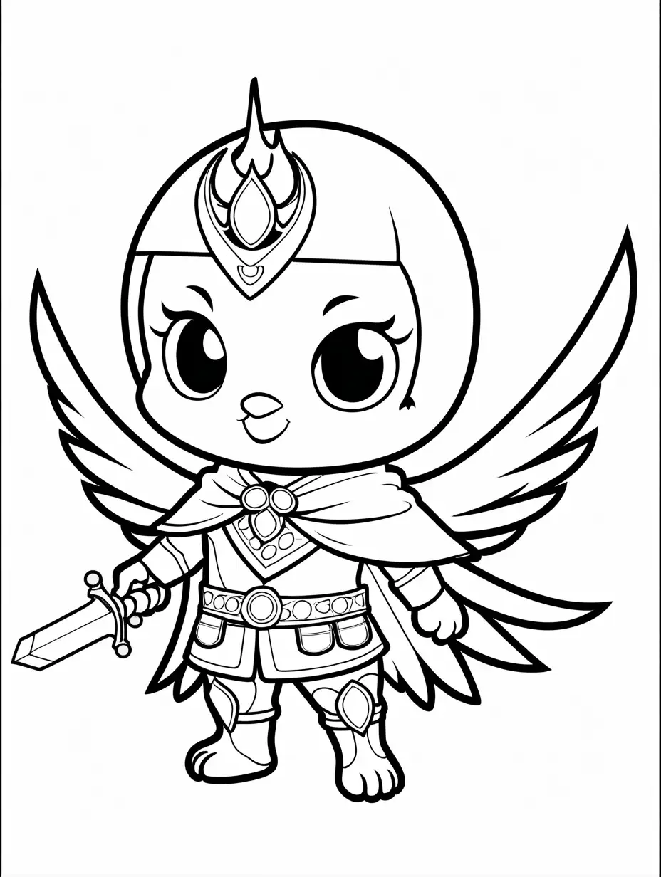 Chibi-Phoenix-Coloring-Page-Bird-with-Crystal-Sword-and-Cape