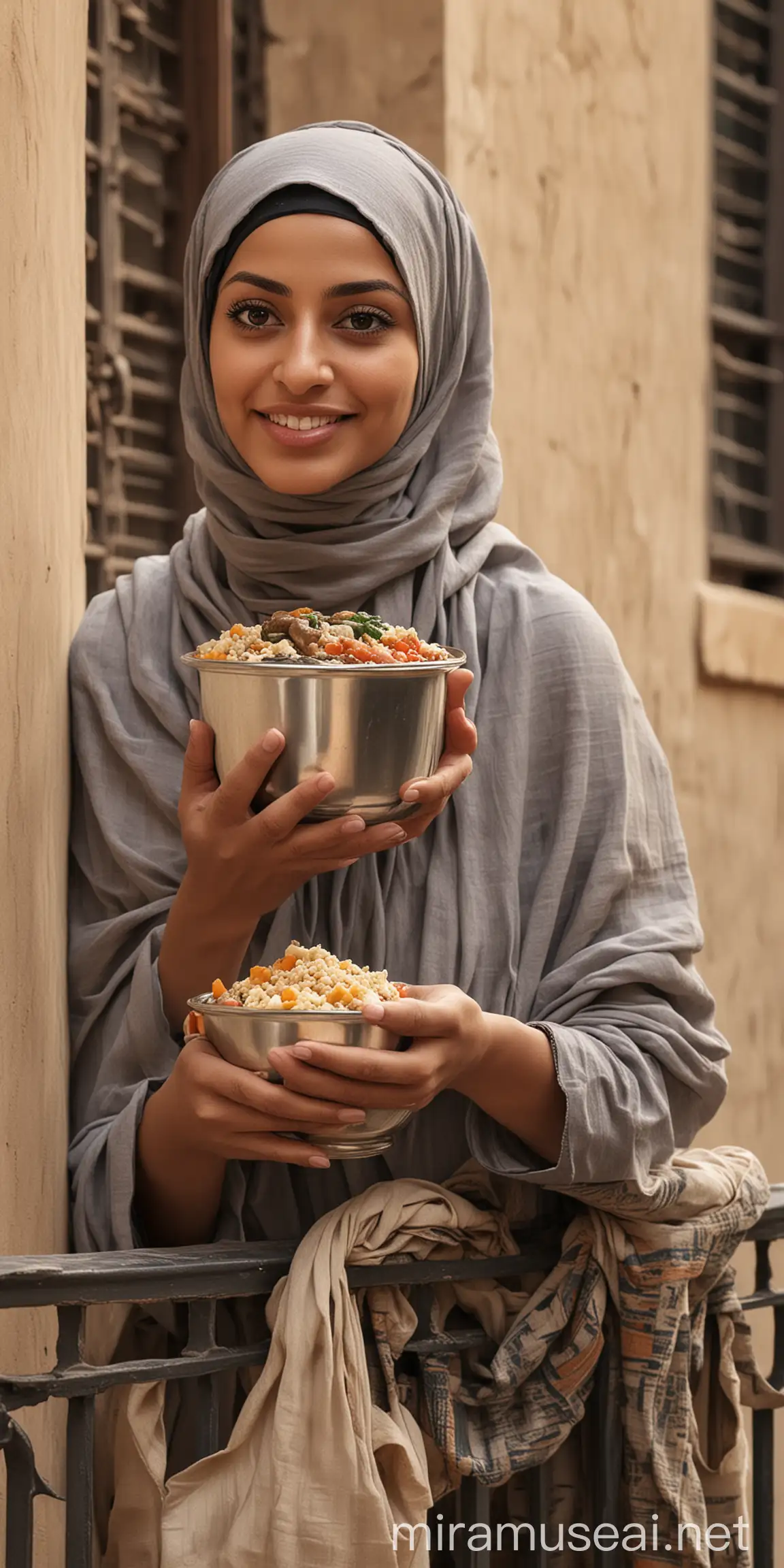 Can you please help me generate a portrait of a middle age, modern egyptian woman wearing a hijab who is passing a pot of food over an apartment balcony