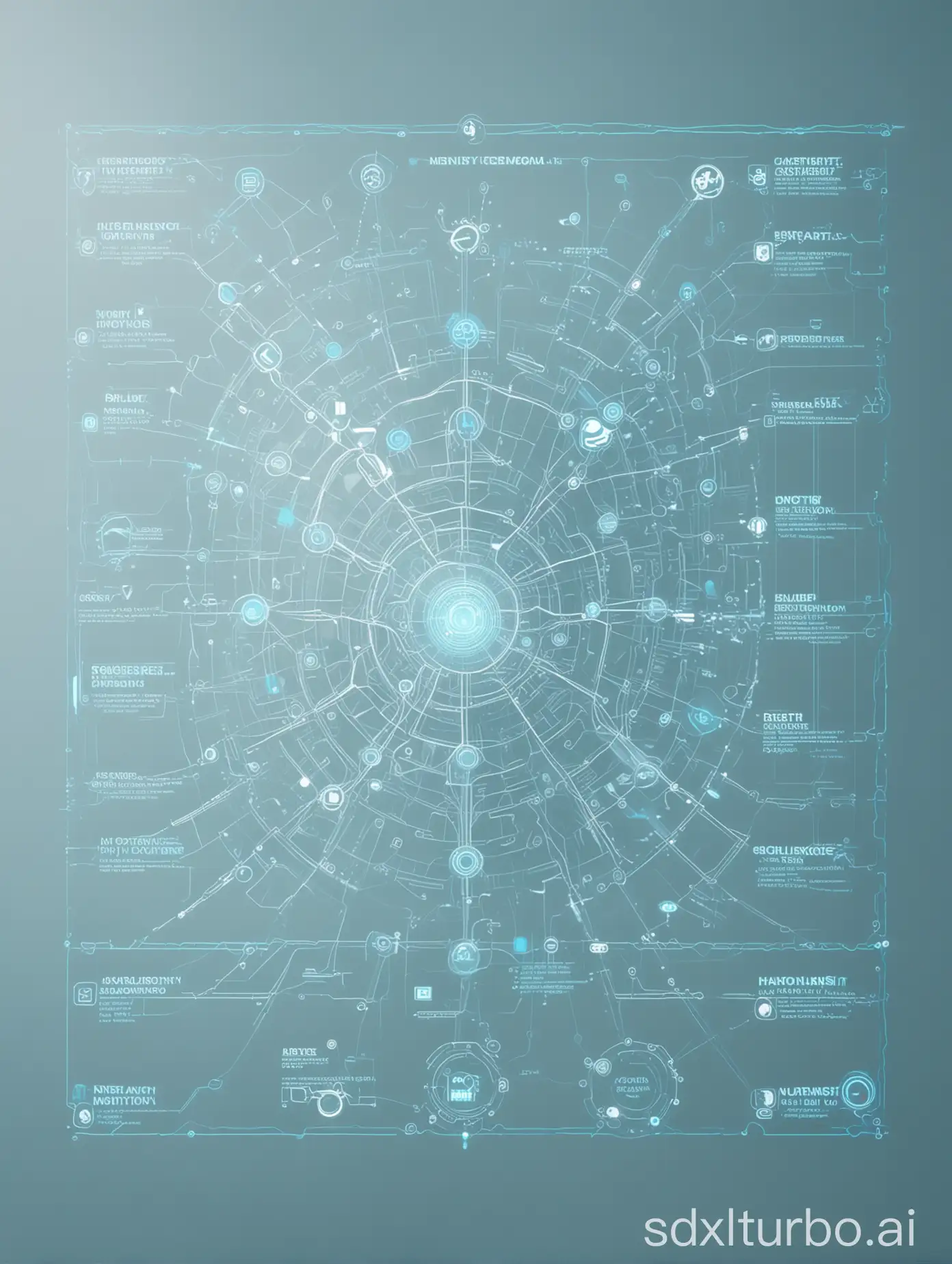 light blue colored, high tech feeling technology achievement transformation concept map