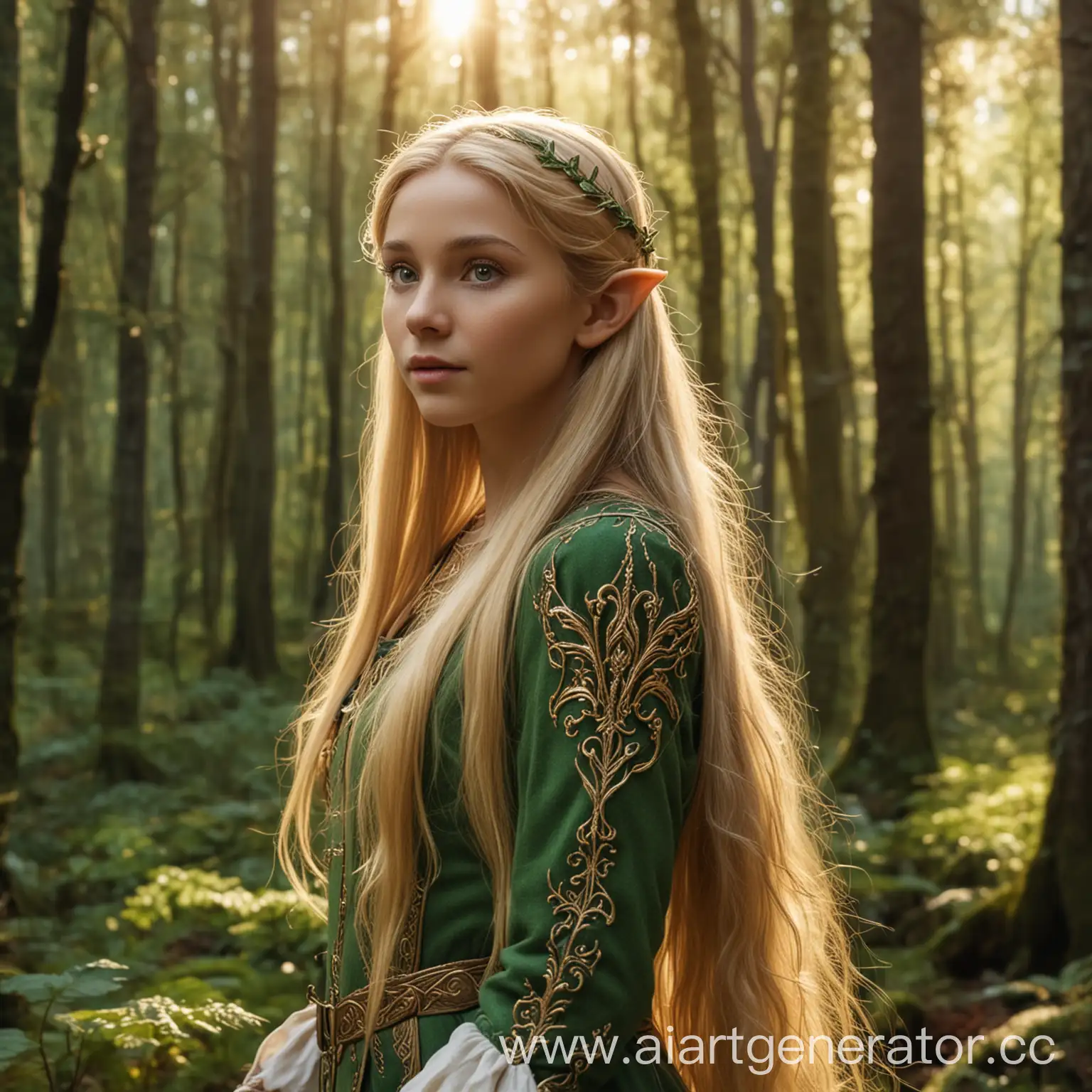 Эльф с длинными золотистыми волосами стоит на фоне леса