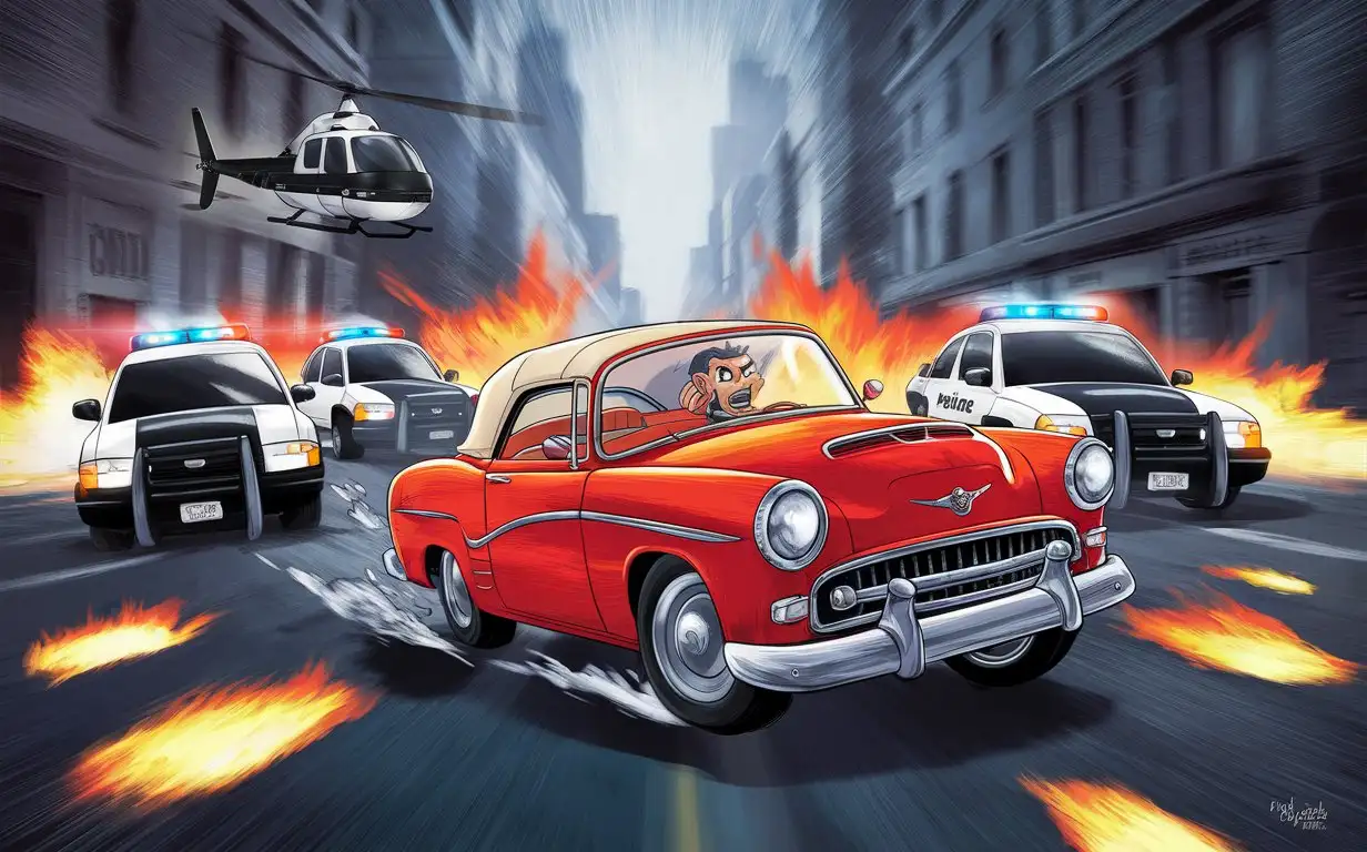 Cartoon-Car-Evading-Police-in-City-Chase-with-Sirens-and-Blurry-Lights