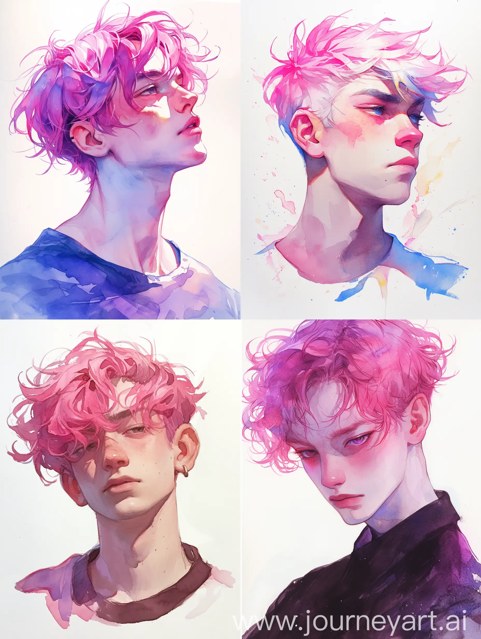 A portrait male with pink hair of someone from Uranus, watercolor --niji 6