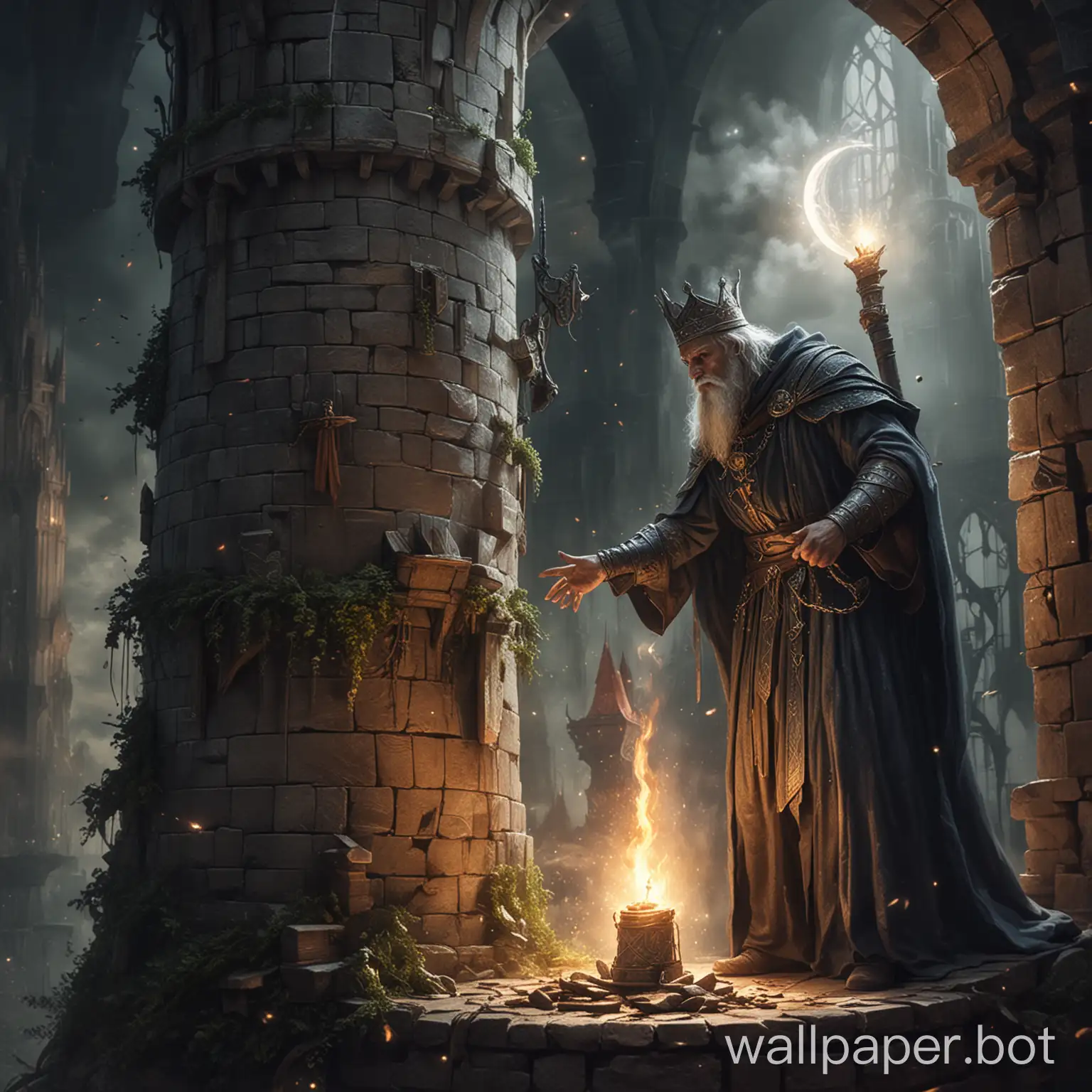 Draw a fantasy wizard man who possesses very strong magic, in a tower, to which the king came.