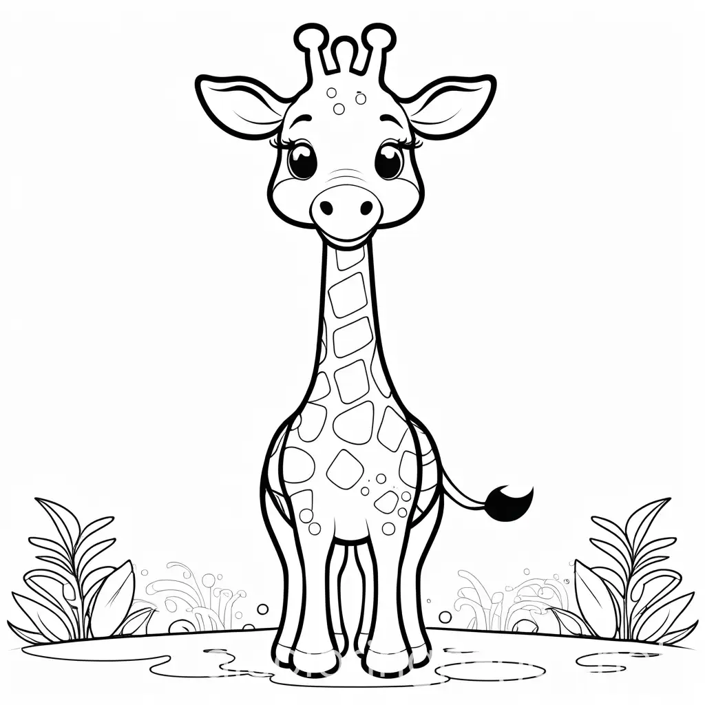Create a friendly giraffe character with a smiling face, outline art, coloring page outline page with white, white background, sketch style, full body, only use outline, cartoon style, clean and clear and with beautiful eyes. Ensure is design minimalistic for easy colouring. The goal is to make it appealing and approachable for children aged 2-4 in the middle of their artistic journey, make it black and white., Coloring Page, black and white, line art, white background, Simplicity, Ample White Space.