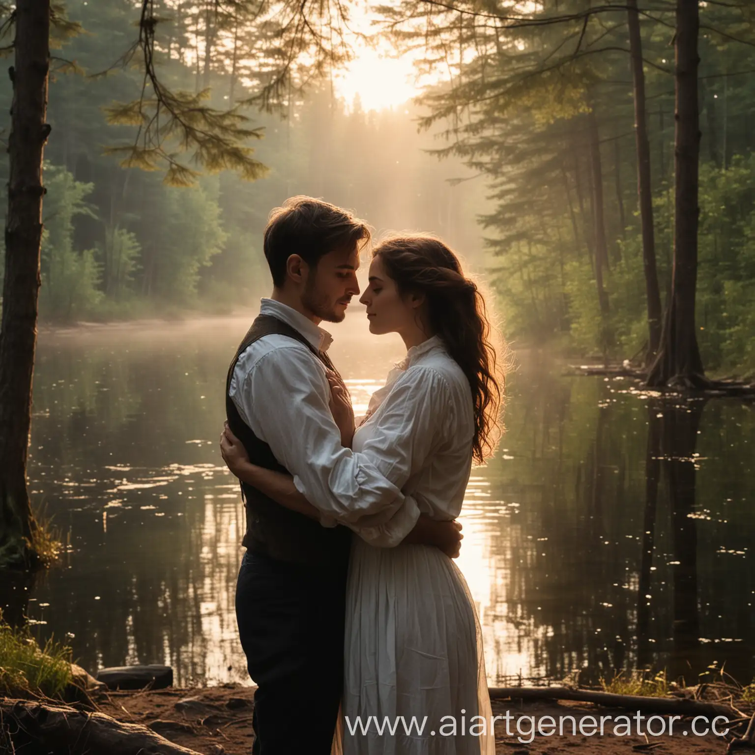 мужчина и женщина крупным планом обнимаются на берегу озера в лесу. Вечер, тишина, дует легкий ветер. 
