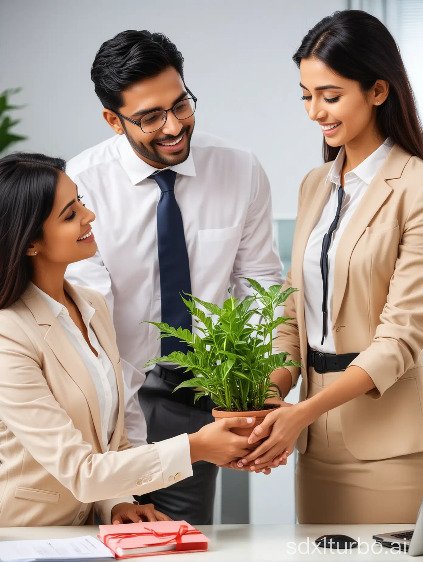 Indian corporate guy gifting a beautiful plant to his colleague from office