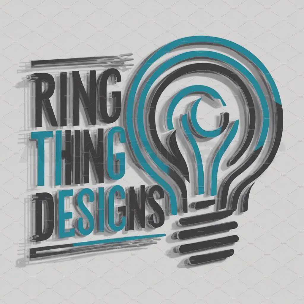 a logo design,with the text "Ring Thing Designs", main symbol:Ring, lightbulb, graphic design, cobalt blue, teal, charcoal,complex,clear background