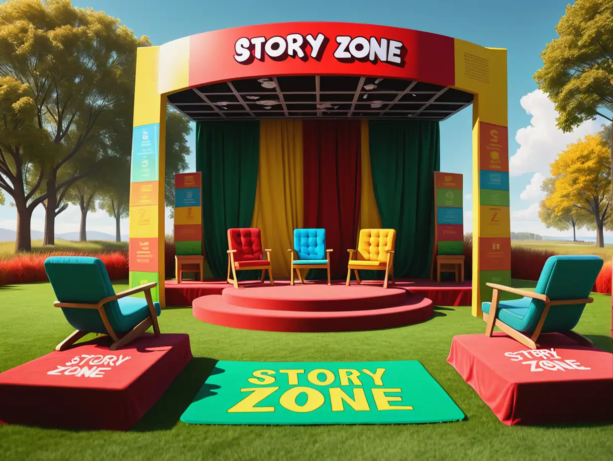 cartoon podium that says story zone outside with people sitting in chairs and on blankets, grass, red green and yellow decor bright sunny sky