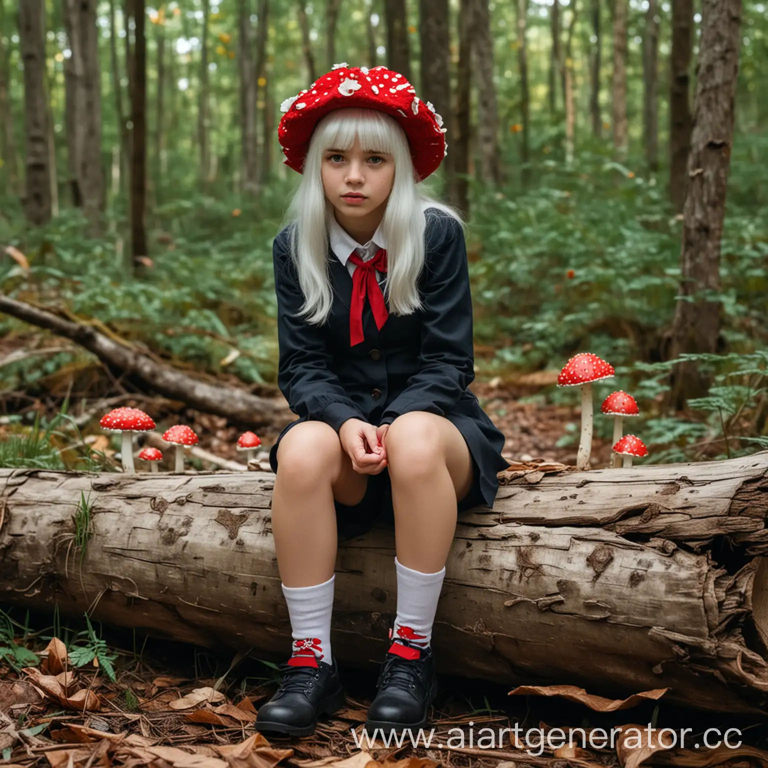 Enchanted-Forest-Encounter-WhiteHaired-Girl-in-Fly-Agaric-Hat-and-School-Uniform