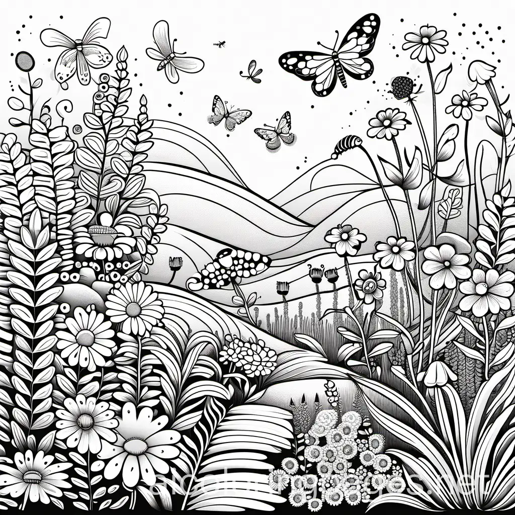 A detailed garden filled with different flowers and insects., Coloring Page, black and white, line art, white background, Simplicity, Ample White Space