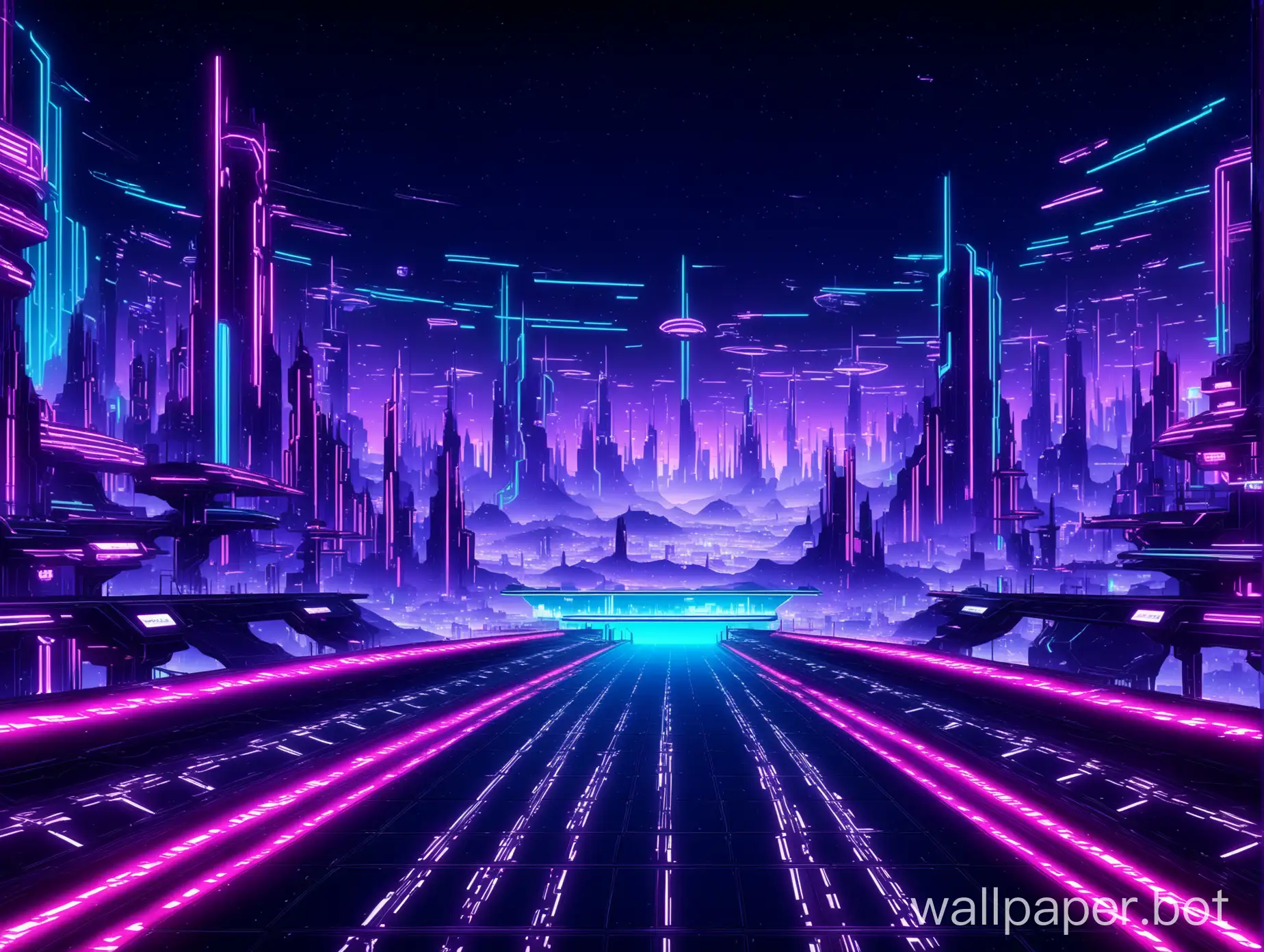 eyelevel view, futuristic landscape, neon skyline, videogame anime level