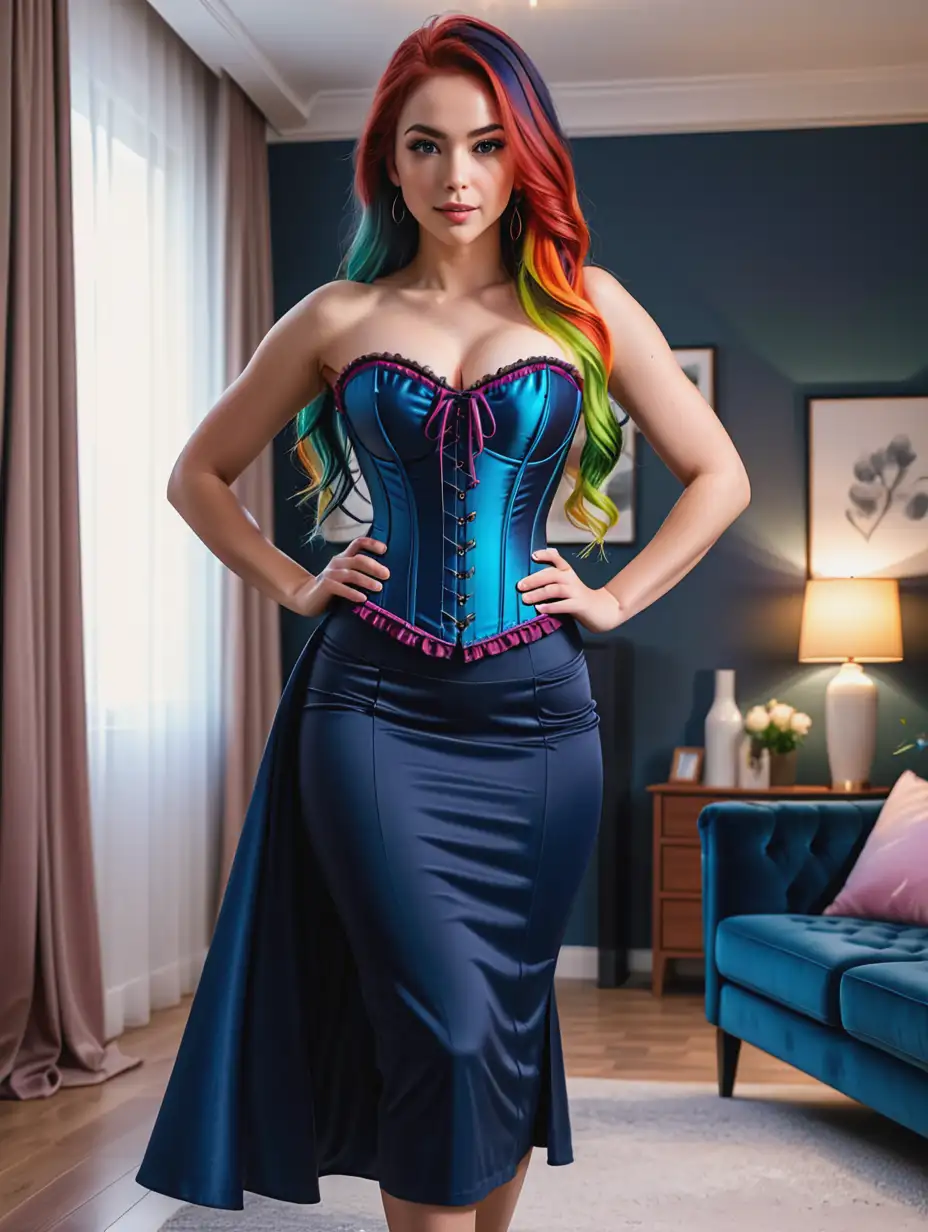 (distance),(((front view perspective))), create a realistic 3d image of a woman with long multicolored hair, she is wearing a long fitted dark blue midi skirt and a multicolored corset, her hands are on her waist, she is in a living room,((perfect female body, narrow waist, wide hips)), 8k uhd, dslr, soft lighting, high quality, film grain, Fujifilm XT3,  Ultra-detail, Real, Photorealistic, High-definition face drawing, RAW photo