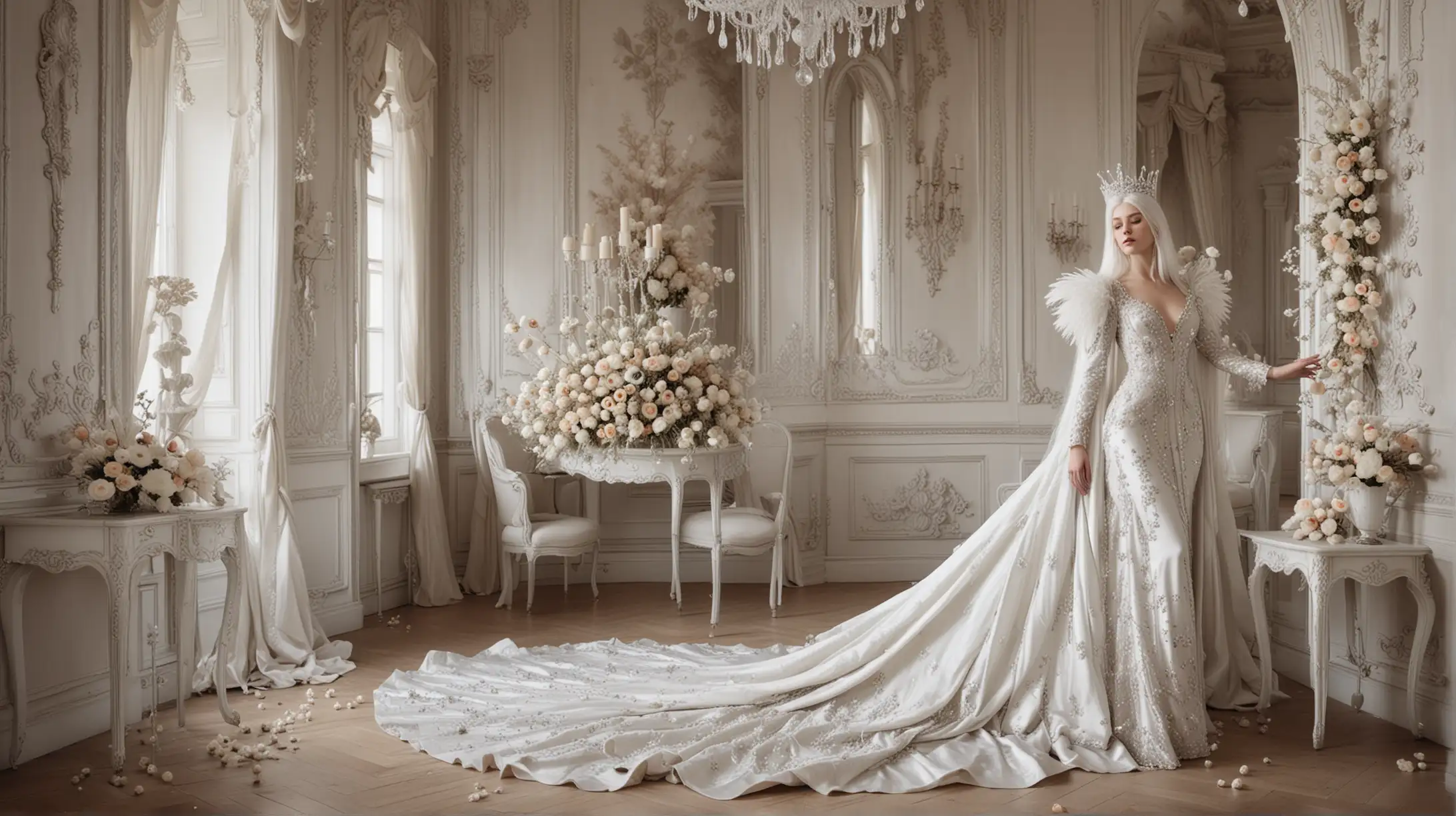 fantastic surreal image all completely in pearl-white colour, female with long straight white hair, topped with a crown of long silver spikes, wearing haute couture silk gown with short puffy sleeves, next to her is a white peacock with all it’s feathers spread open, she is in the corner of a white rococo inspired room, decorated with wall paper of long poppy flowers
