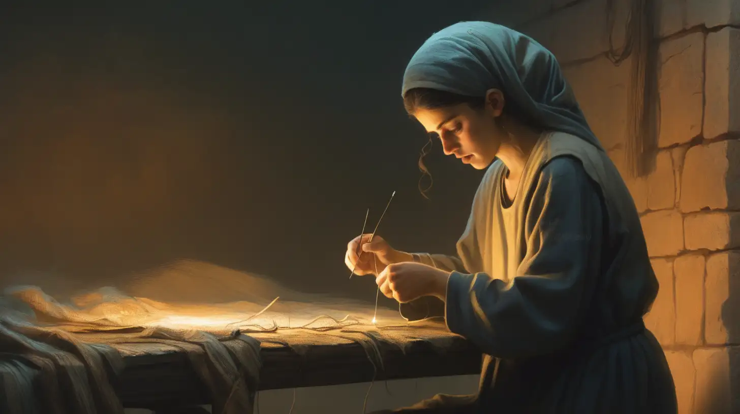 Hebrew Worker Sewing with Needle in Biblical Epoch