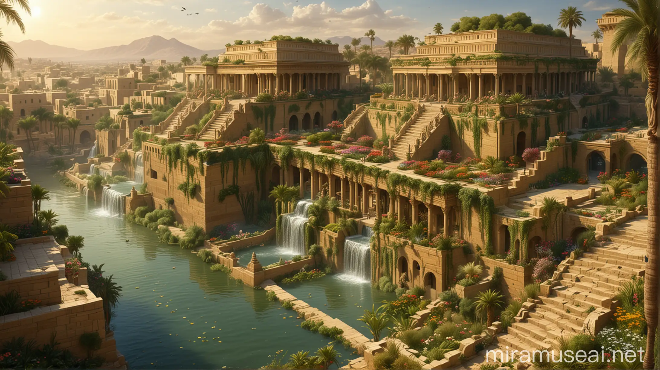 Create a visually captivating image of the Hanging Gardens of Babylon, as described in historical texts. The image should depict a series of elevated terraces filled with lush trees, flowers, and exotic plants. Include an intricate irrigation system, possibly with water being lifted from the Euphrates River by ancient pumps and channels. Surround the gardens with the ancient cityscape of Babylon, with glimpses of other historical structures. The overall scene should convey a sense of wonder and ancient ingenuity, capturing the mystique of one of the Seven Wonders of the Ancient World."

Additional Details:

Use vibrant and diverse colors to highlight the variety of plants and flowers.
Incorporate elements of ancient Mesopotamian architecture.
Add a background with a river and the distant outline of ancient Babylon.
Create an atmosphere of serenity and magnificence, reflecting the legendary status of the gardens.