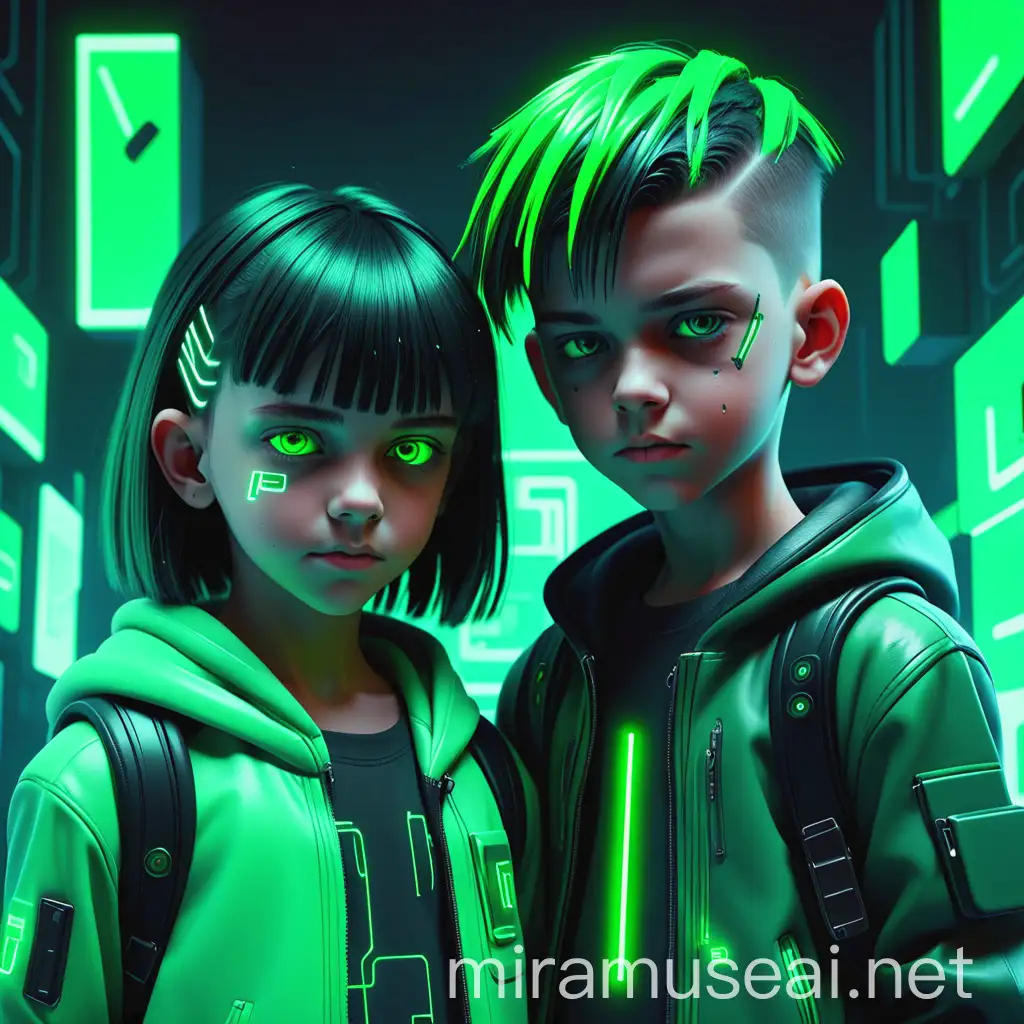  Show me a picture of an 12-year-old student. The picture should depict a boy and a girl. green. cyberpunk style. 3d animation