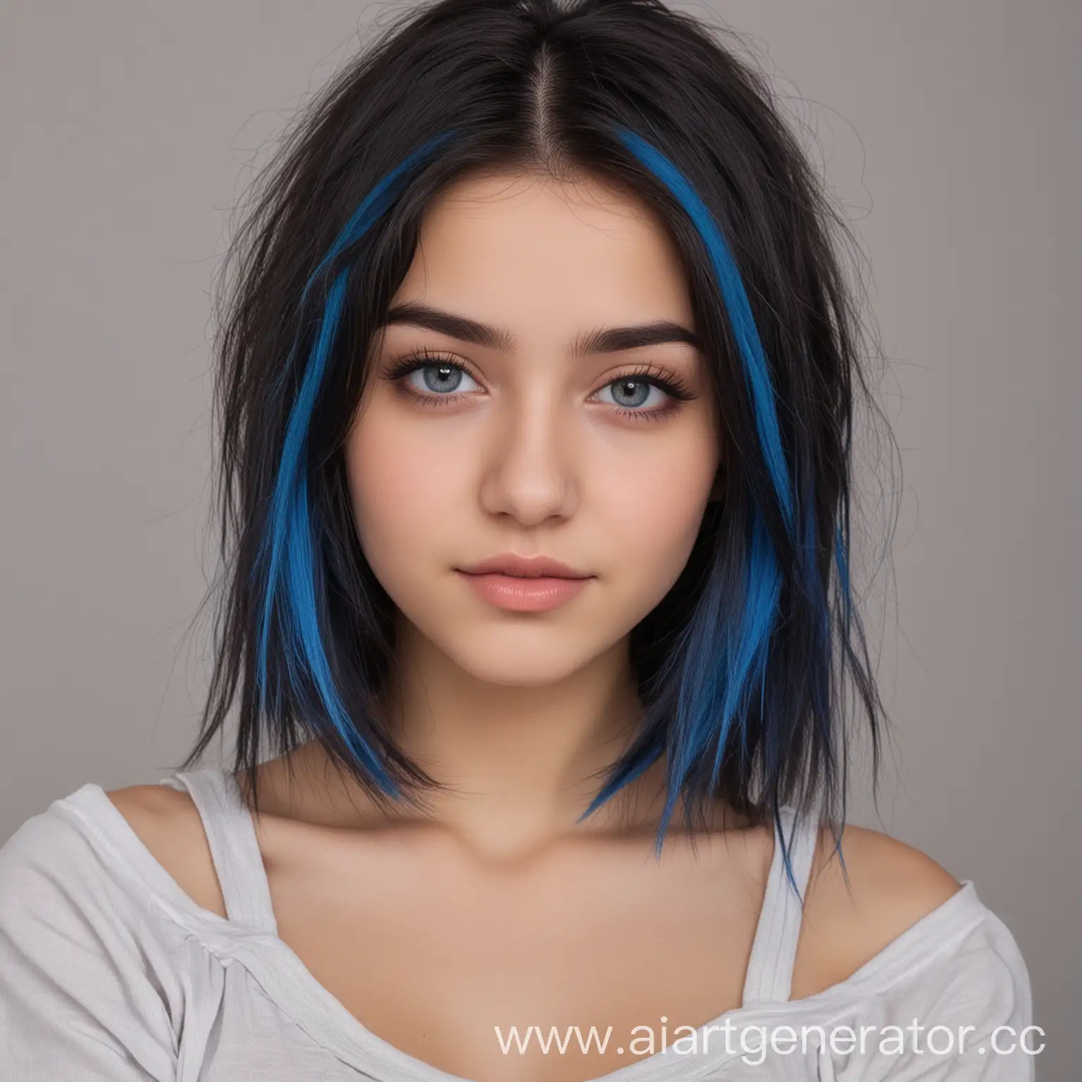 девушка, 17 лет, темные волосы до плеч с челкой, синие пряди волос у виска и в челке