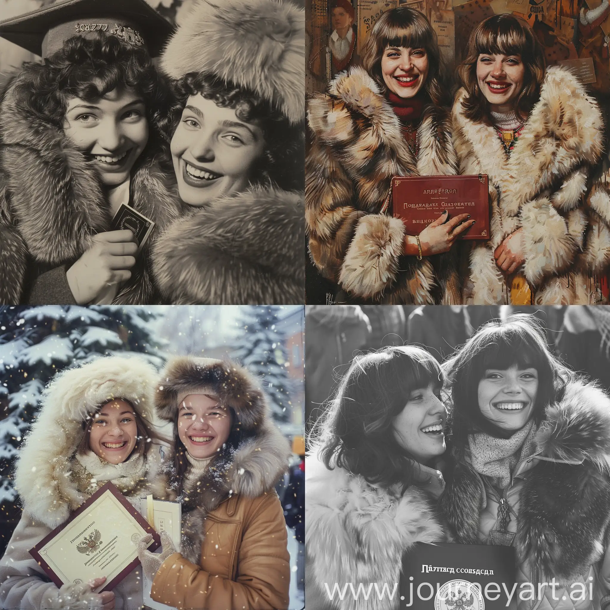 Album Cover Two Girls with a lot of fur and with a diploma smiling in Moscow