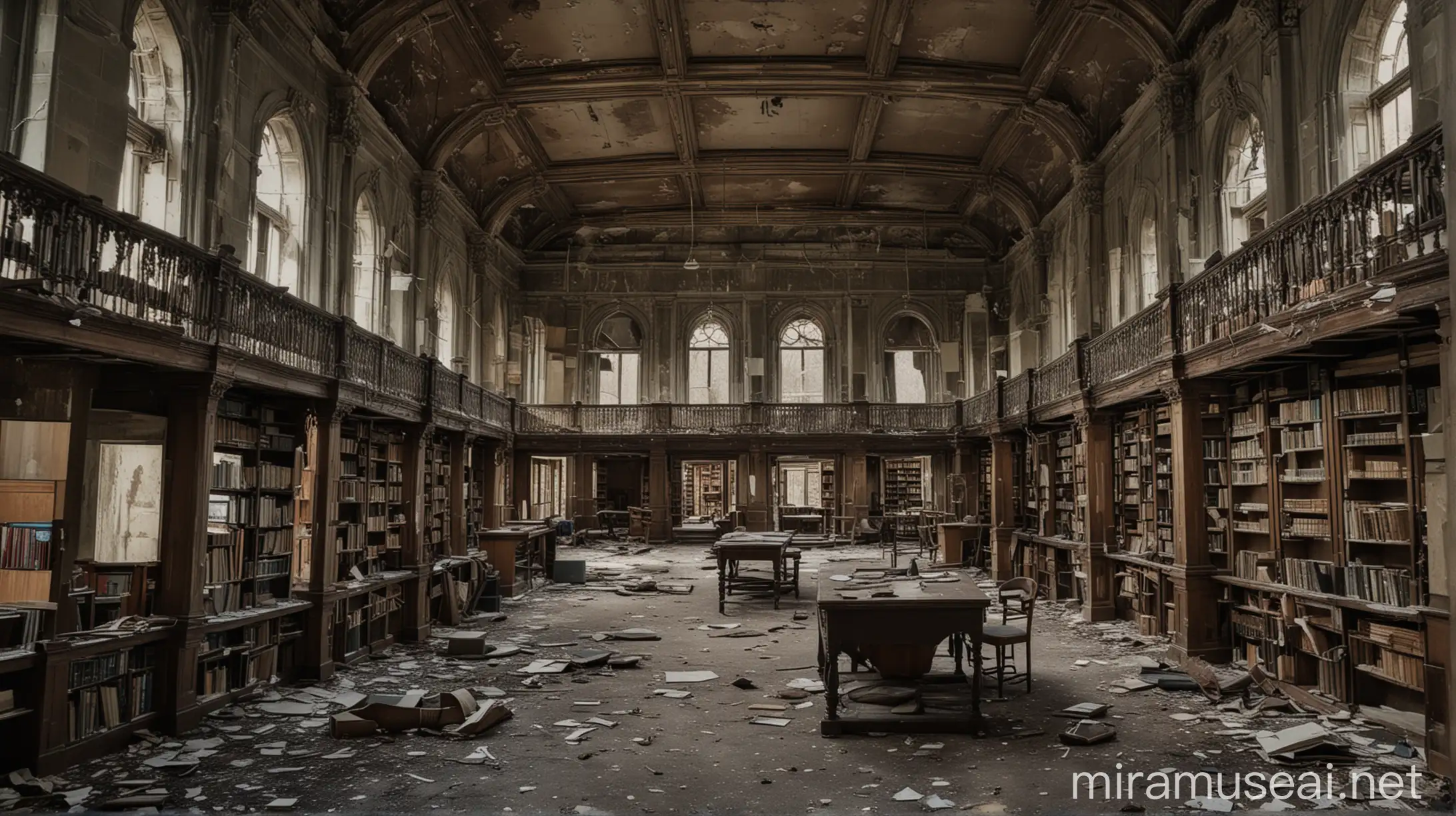 Desolate Abandoned Library with Dusty Books and Broken Furniture