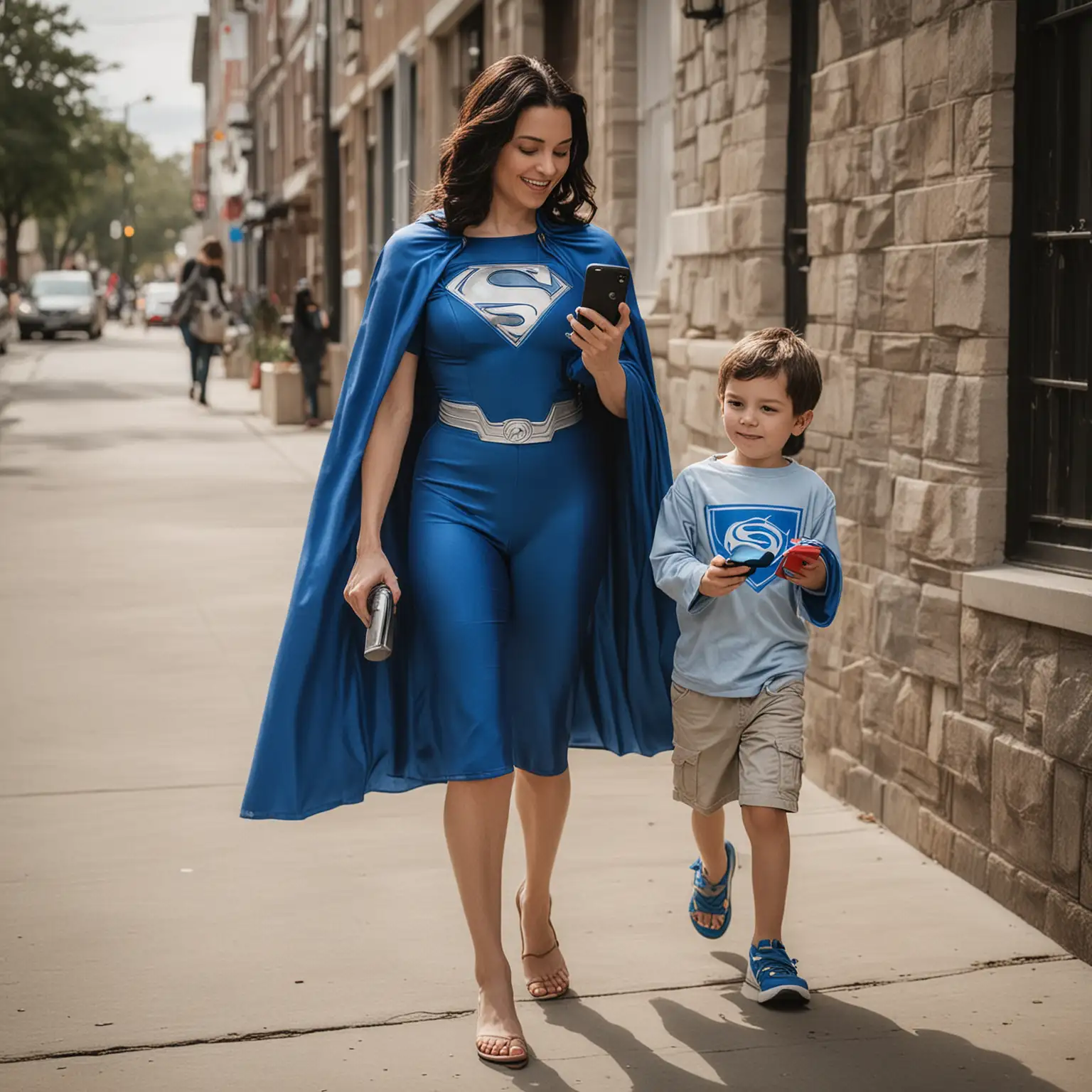 colocar una capa de super heroe azul sobre la mamá con un celular en la mano viendo el celular, mientras camina con su hijo