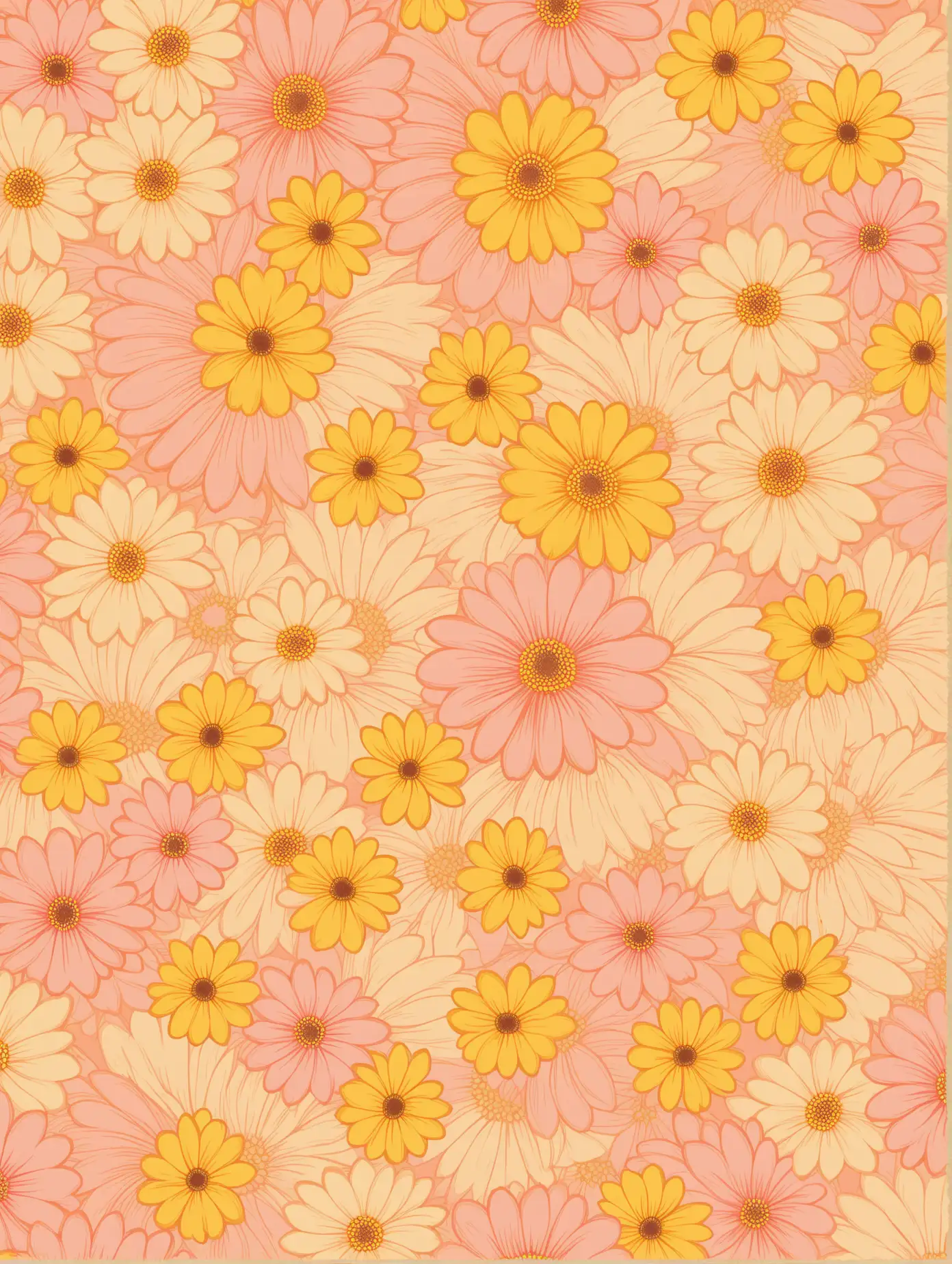 pink and yellow flowers on a peach colored background boho, colors are all same intensity