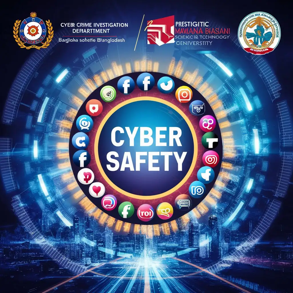 Cyber safety banner, sponsored by CID of Bangladesh, Associated with the Mawlana Bhashani Science and technology university,use logos of varieties of social site logos