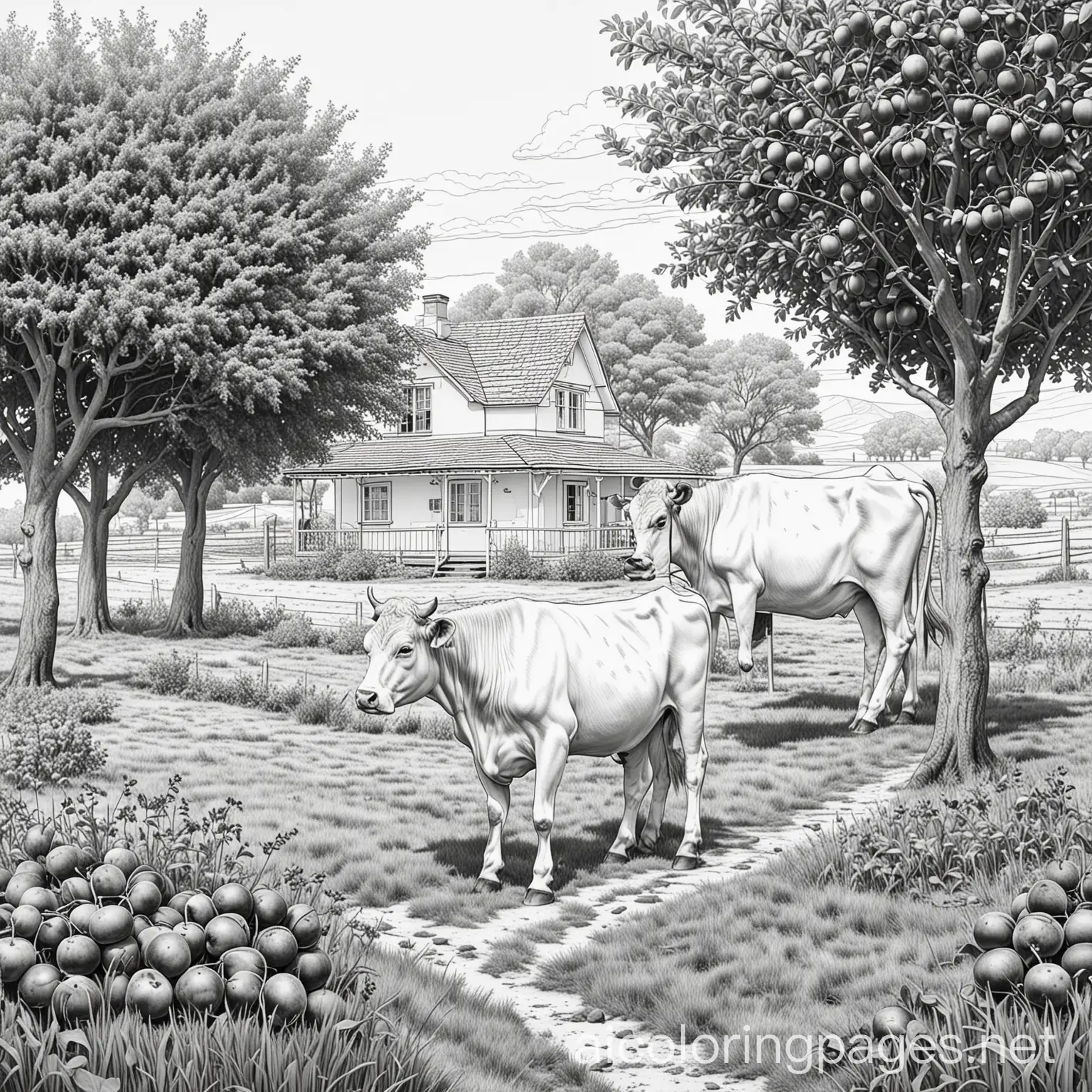 Plum fruits and plum tress, farm house, Cow eating grass, Colouring Page, black and white, line art, white background, Simplicity, Ample White Space. The background of the colouring page is plain white to make it easy for young children to colour within the lines. The outlines of all the subjects are easy to distinguish, making it simple for kids to colour without too much difficulty., Coloring Page, black and white, line art, white background, Simplicity, Ample White Space. The background of the coloring page is plain white to make it easy for young children to color within the lines. The outlines of all the subjects are easy to distinguish, making it simple for kids to color without too much difficulty