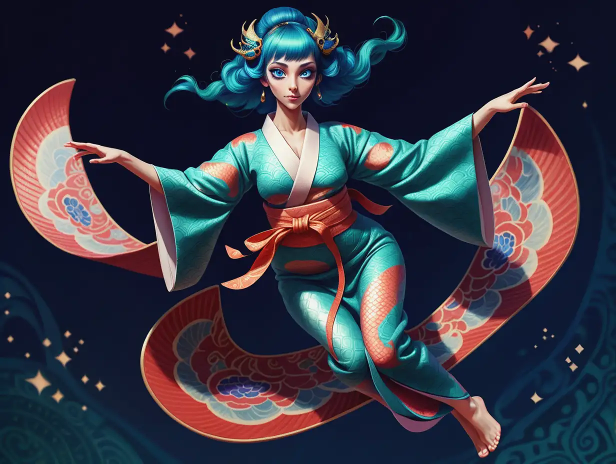 A hybrid simic woman in scales, with narrow eyes and scales on her legs, in a kimono is flying on a magic carpet