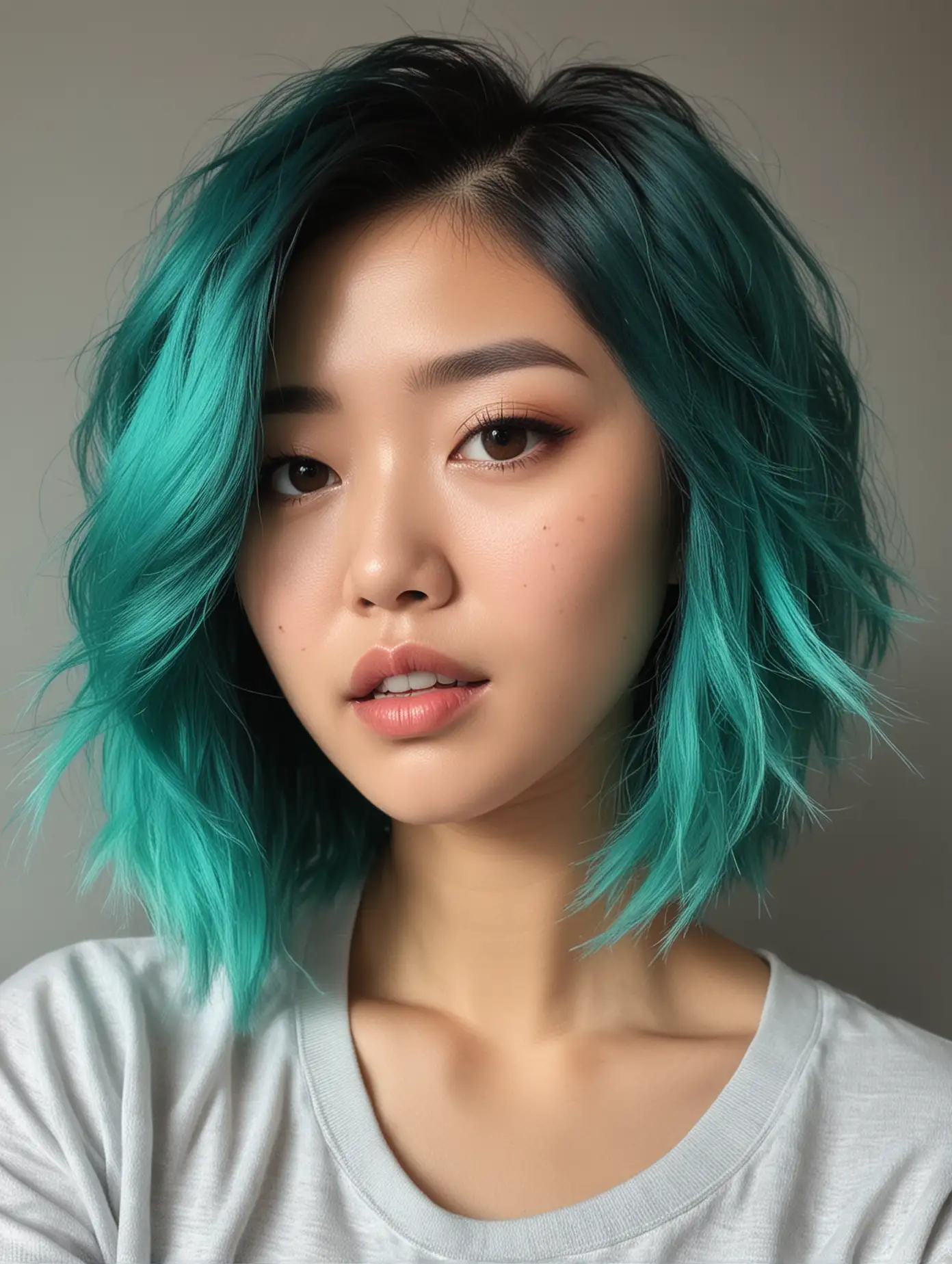 Asian Woman with Short Turquoise Gradient Hair