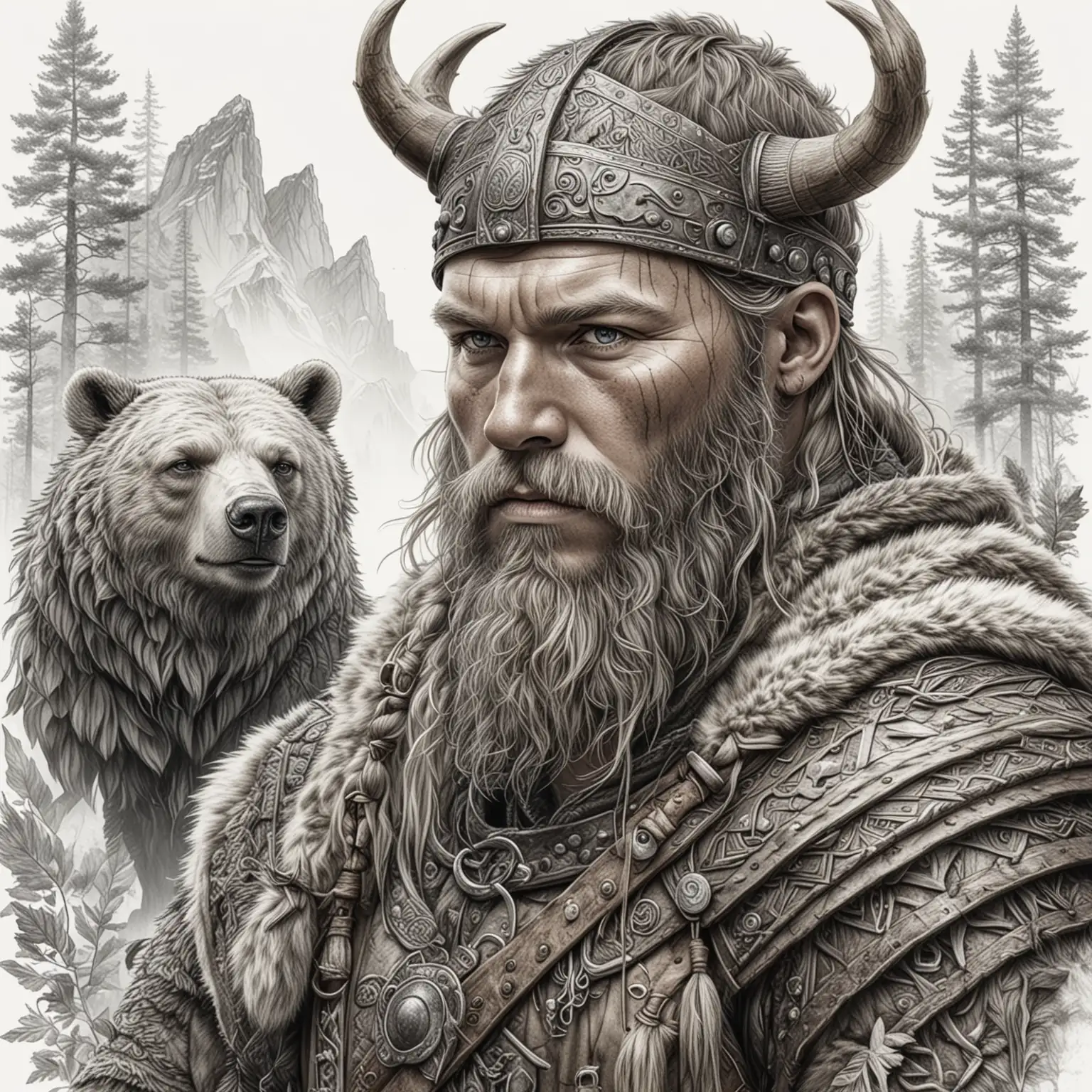 реалистичный максимально детализированный  мужчина викинг  рядом  с ними медведь на белом фоне  с  элементами природы рисунок в стиле карандашной графики 