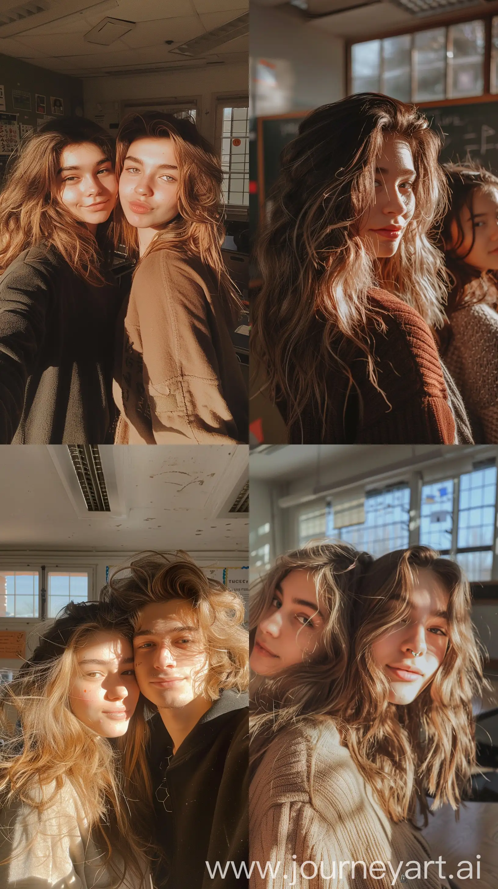 Aesthetic Instagram selfie of a High school teacher and her student in her classroom, warm tones, full messy hair, ombre, realistic lighting and shadows, wide set, profile throw face away in room --ar 9:16