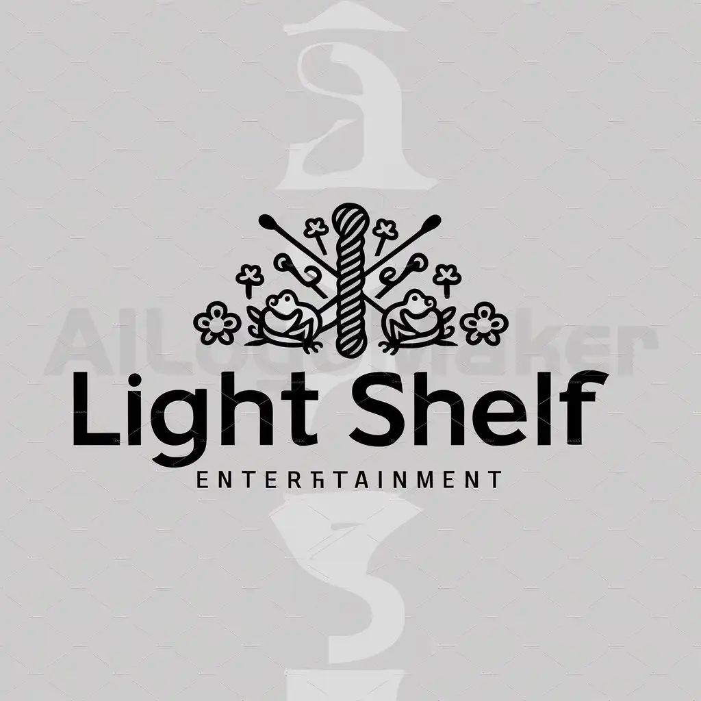 a logo design,with the text "Light shelf", main symbol:yarn, needles, frogs, flowers,Moderate,be used in Entertainment industry,clear background