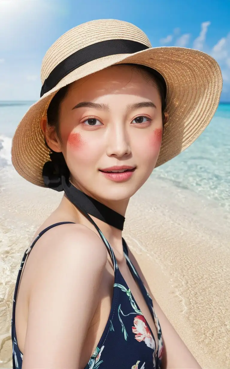 Portrait of Chinese girl  in a hat,  20 yo，summer outfit, with light red powder blusher, in a close up shot, with sunlight, outdoors, in soft light, with a beach background, looking at the camera, with high resolution photography, in the style of Hasselblad X2D50c