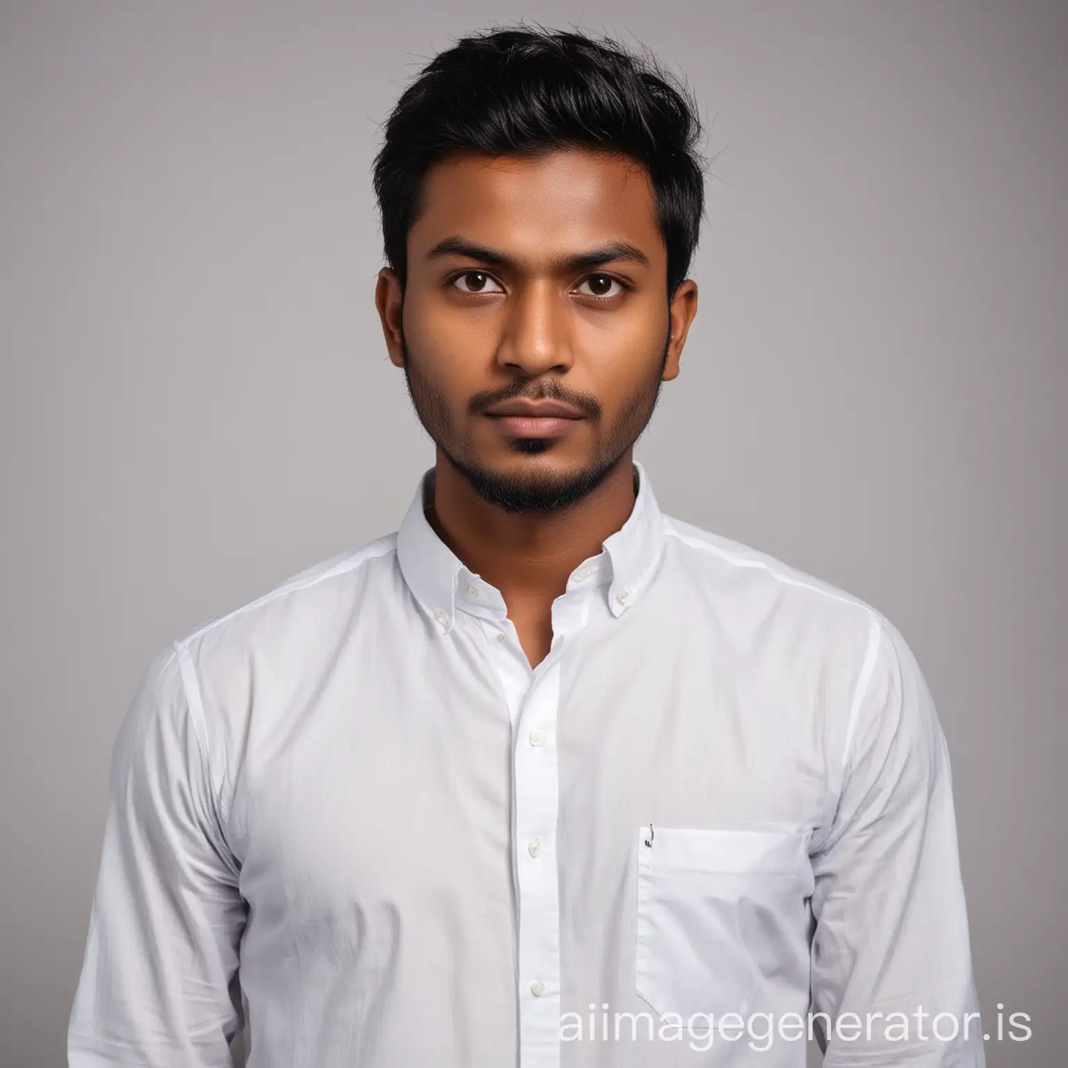 Black skin bangladeshi man, wearing white long sleeve shirt, posing for a passport photo. Head straight looking at the camera. Serious face.