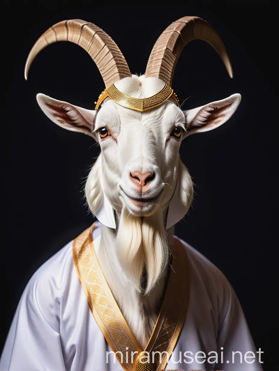 A Muslim goat has a sheikh's beard dressed as a sheikh with Beautiful dark background representing Eid Al-Adha