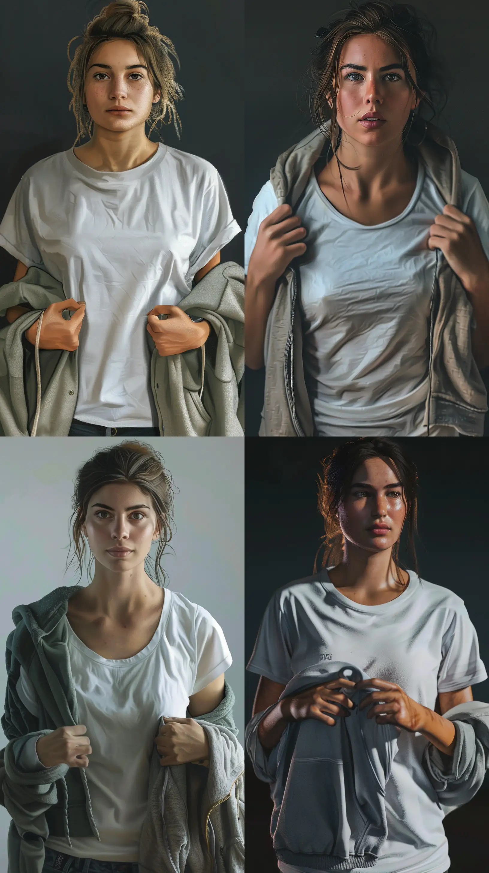 Realistic, extremely detailed photo a woman wearing a white t-shirt and holding a hoodie in her hands --ar 9:16 --style raw