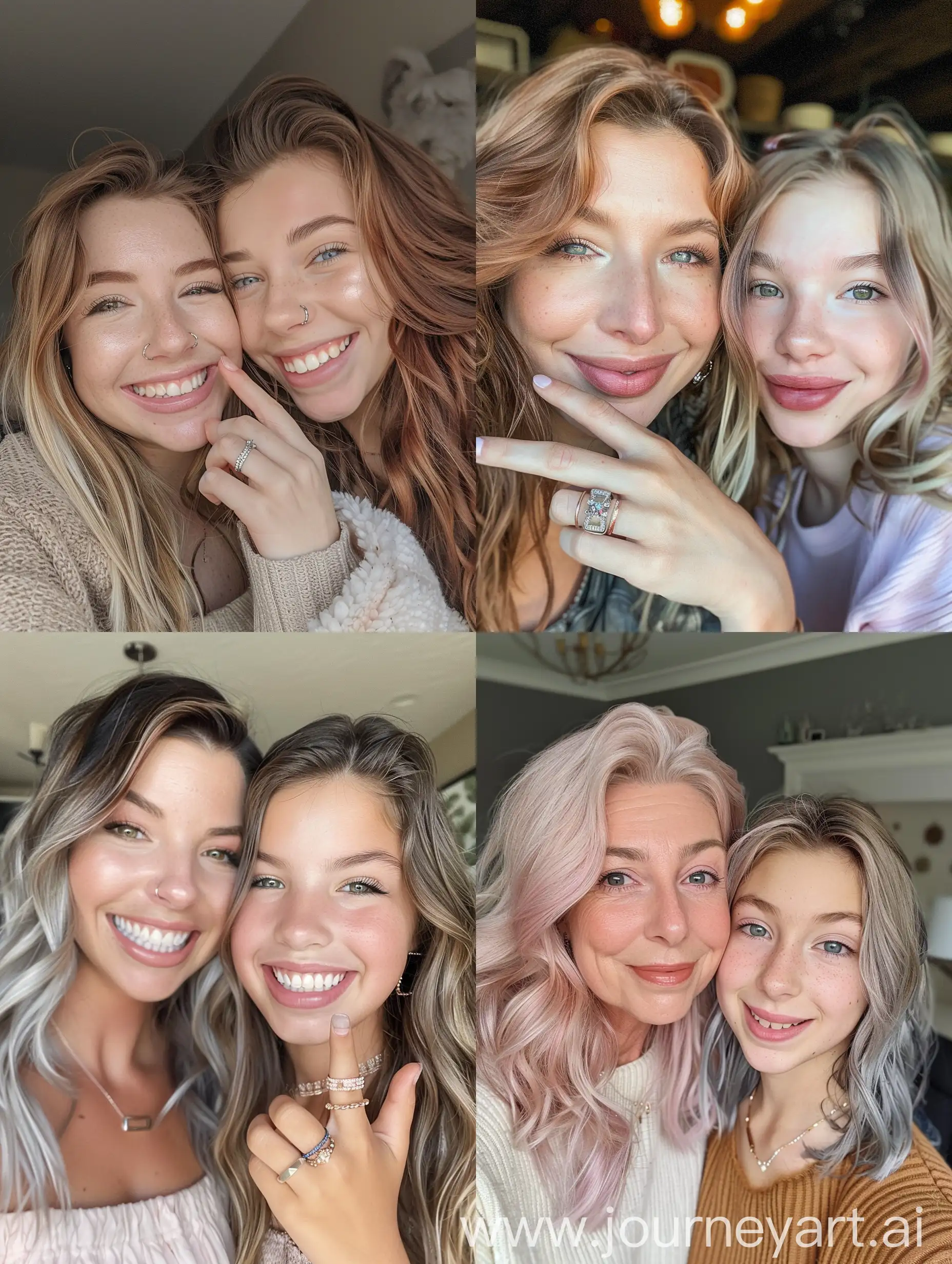 Aesthetic Instagram selfie, mid 30's mother, 16 year old daughter, close up selfie, cute moment together, smiling brightly, adorable, full hair, different hairstyles for each girl, rings