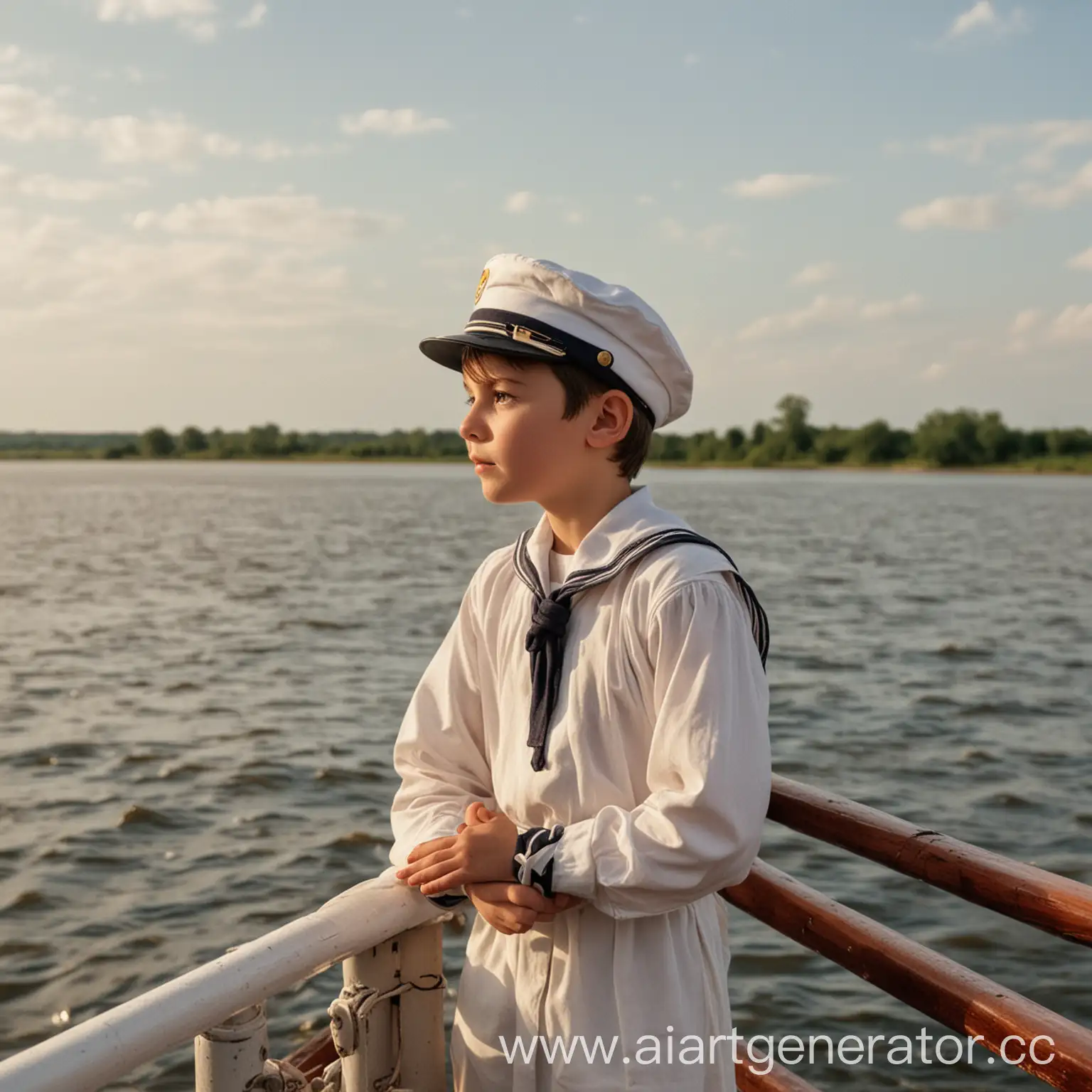 Молодой моряк смотрит на горизонт с палубы теплохода