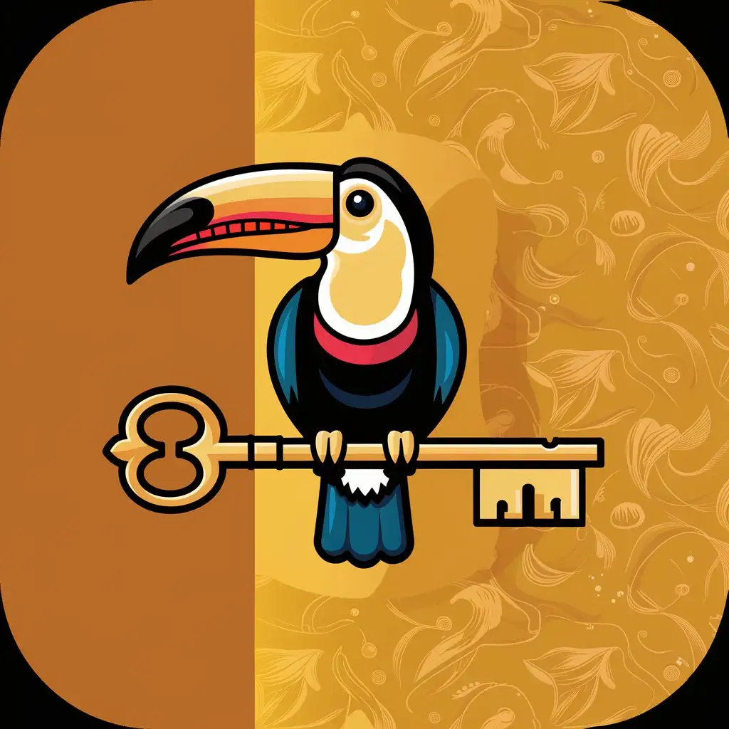 a program icon. In the middle there should be a toucan, holding a key in its claws. The key should be a heavy door key with a right-hand bart and left-hand reite. The background should be a single color with the RGB value #D2D700. Toucan and key should take up two thirds of the area. The image should only contain the key, the toucan and the single-colored background. The key should run horizontally. The icon should be in the Clipart style.