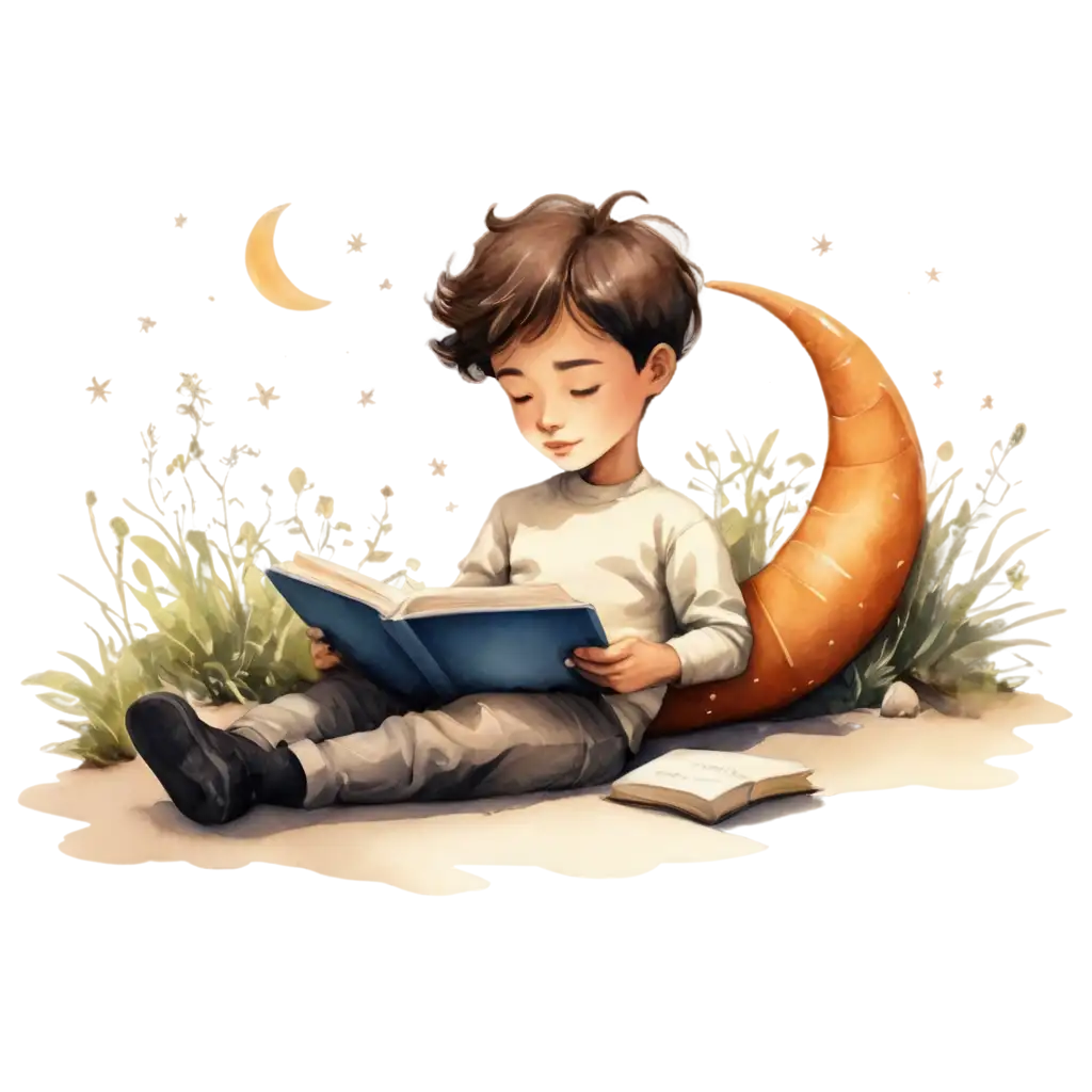 Whimsical-Watercolor-PNG-Illustration-of-a-Boy-Reading-Outdoors-with-Surreal-Elements